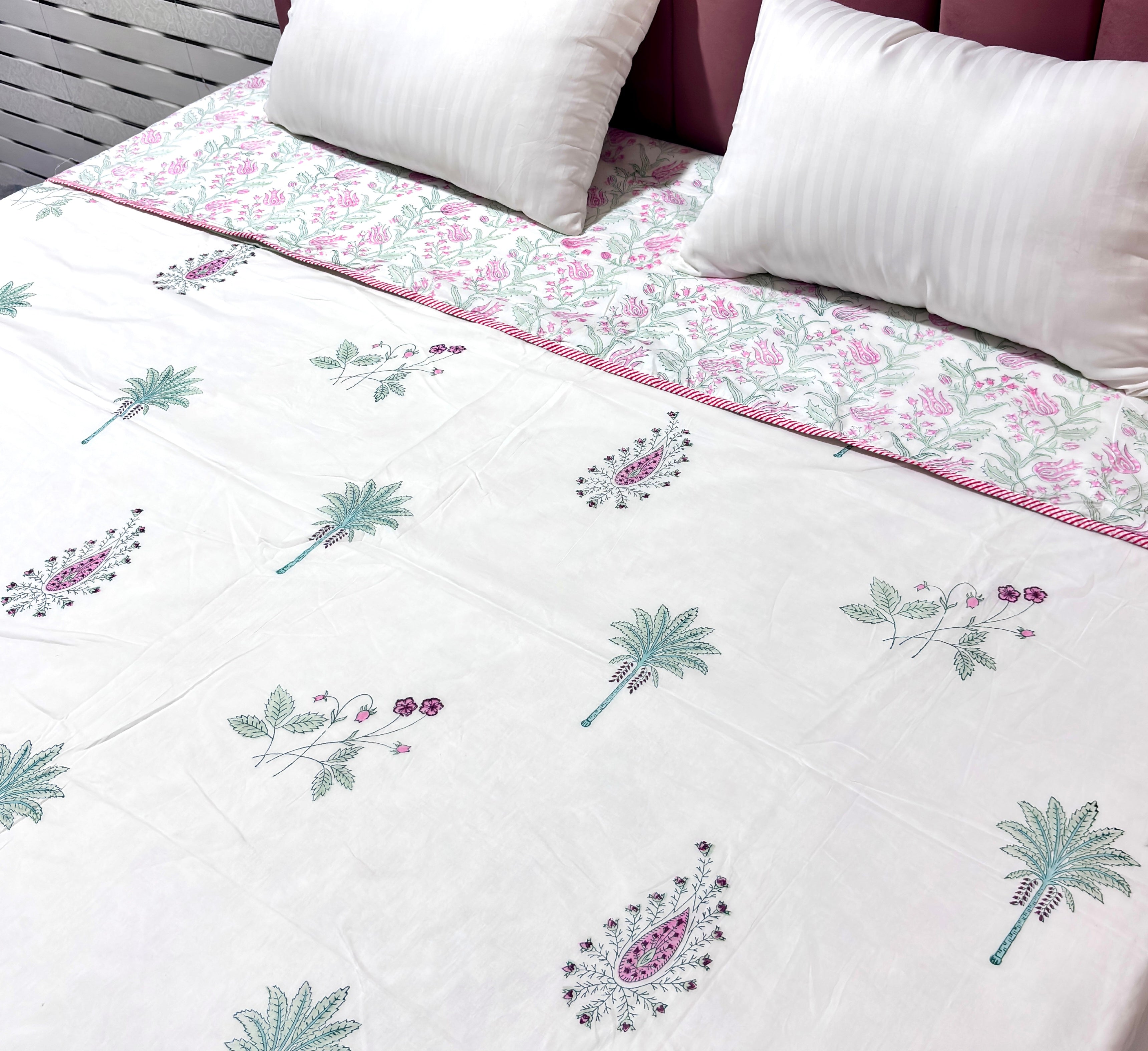 Hand Block Printed Cotton Dohar | Palm Tree Floral Jaipuri Dohar | Soft Reversible Summer AC Blanket | Handmade Cotton Bedding