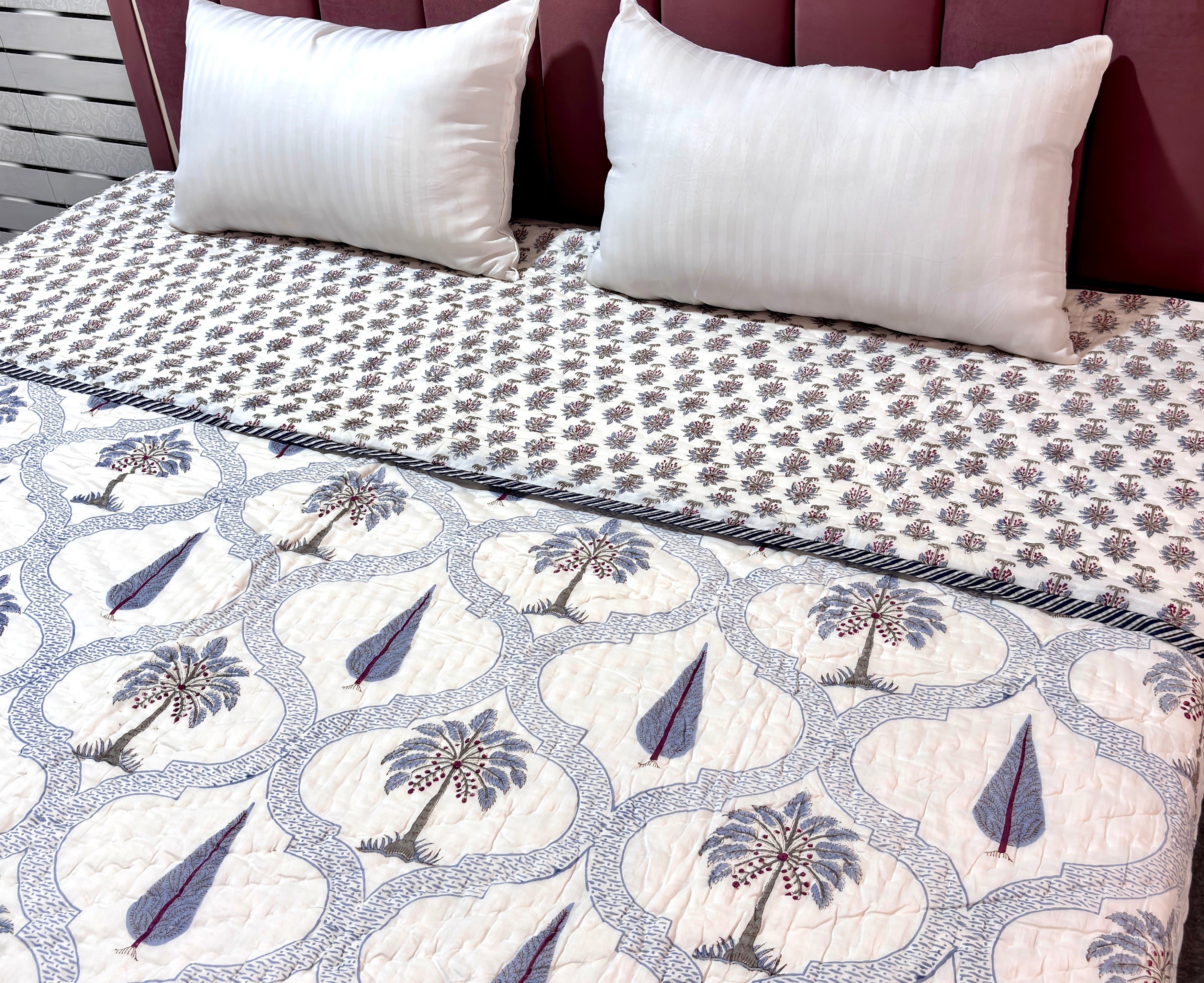 White Blue Floral Cotton Quilt | Printed Reversible Bedspread | Queen Size