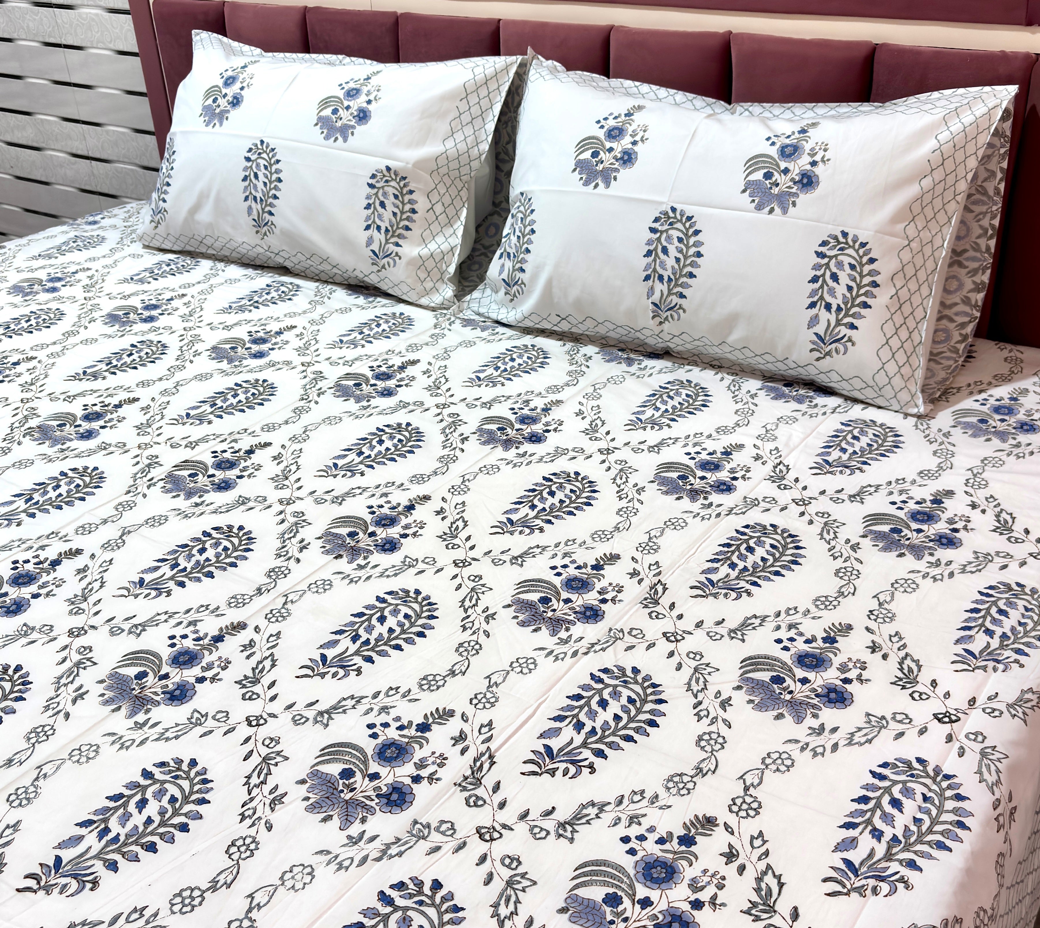 Premium Blue Floral Cotton Bedsheet with Pillow Covers for Double Bed | Soft & Stylish Bedding Set