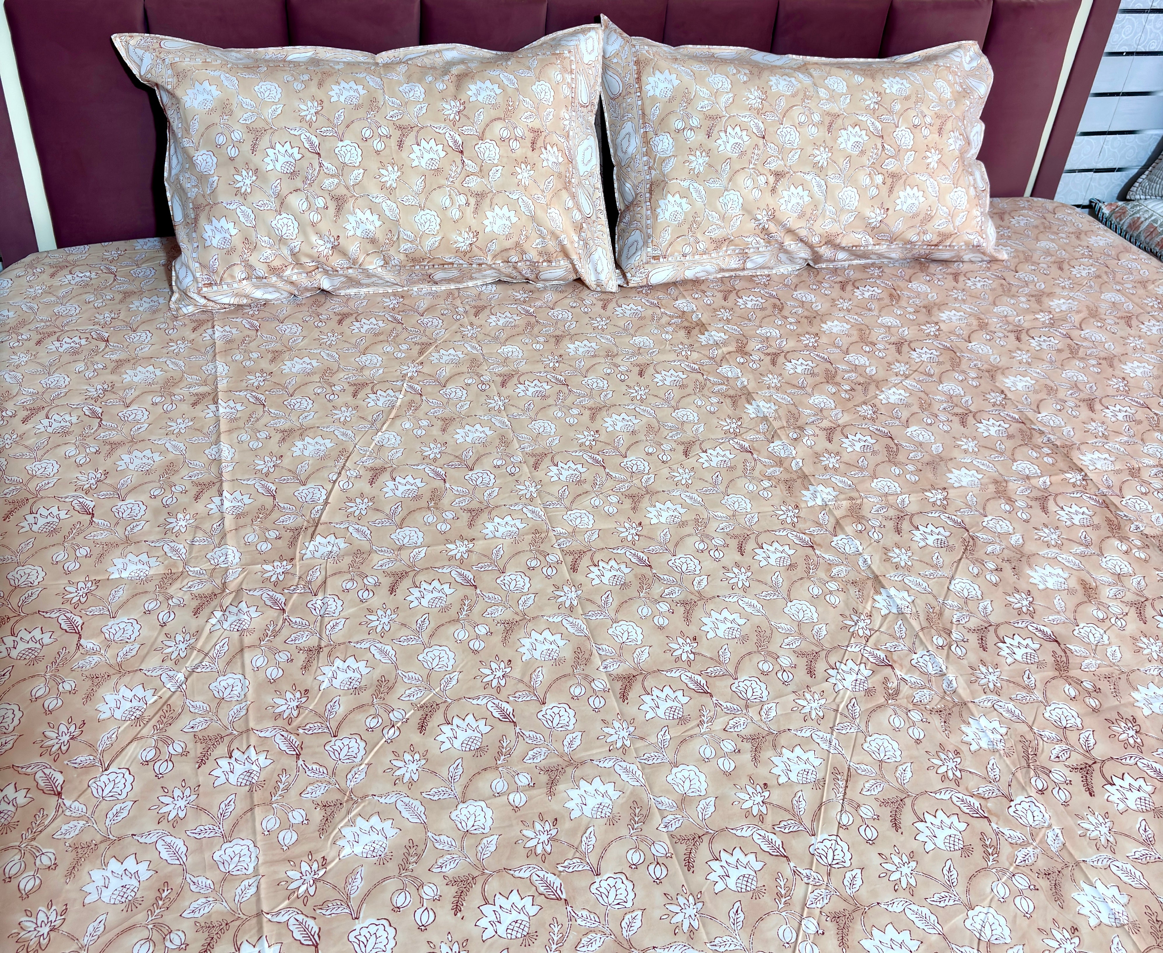 Floral Hand Block Print Cotton Bedsheet King Size | Peach Beige Bedding Set with Pillow Covers | Jaipur Handmade Bedsheet