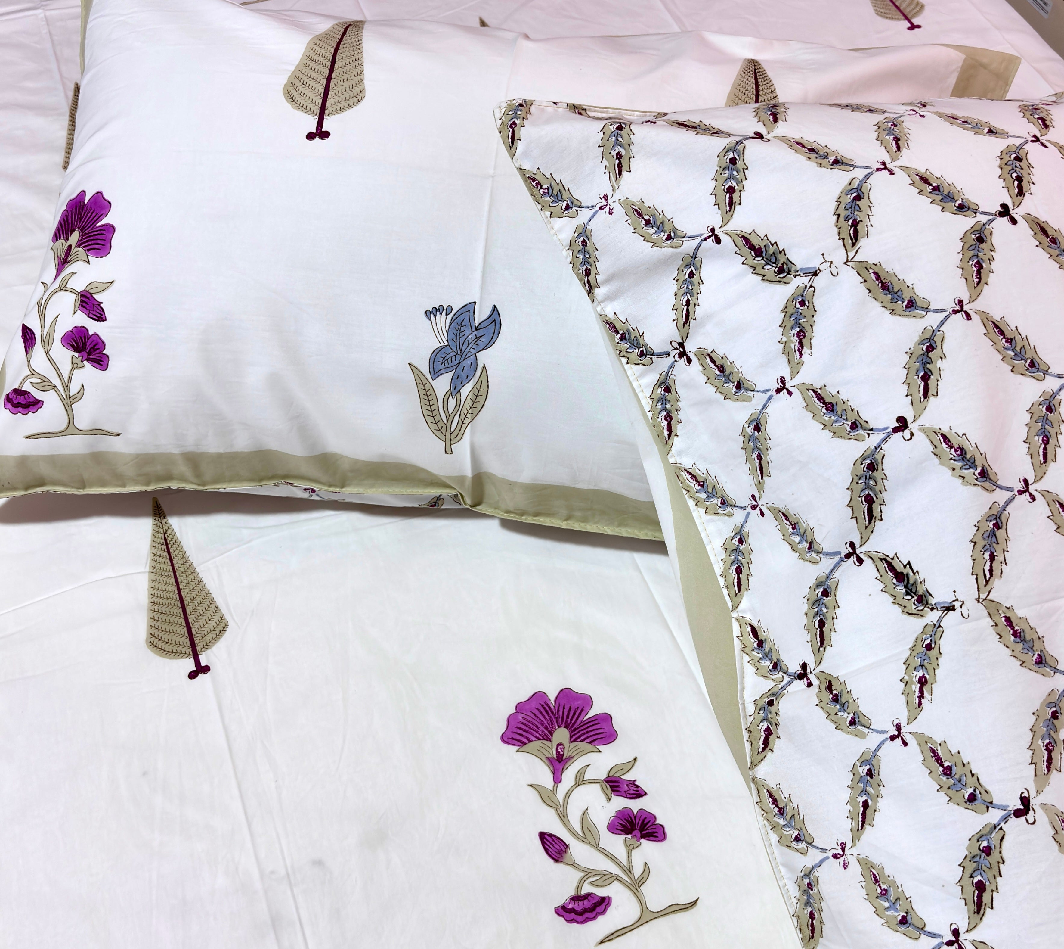 White Floral Cotton Bedsheet | Purple & Blue Flower Printed Bed Sheet | Elegant Indian Floral Bedding