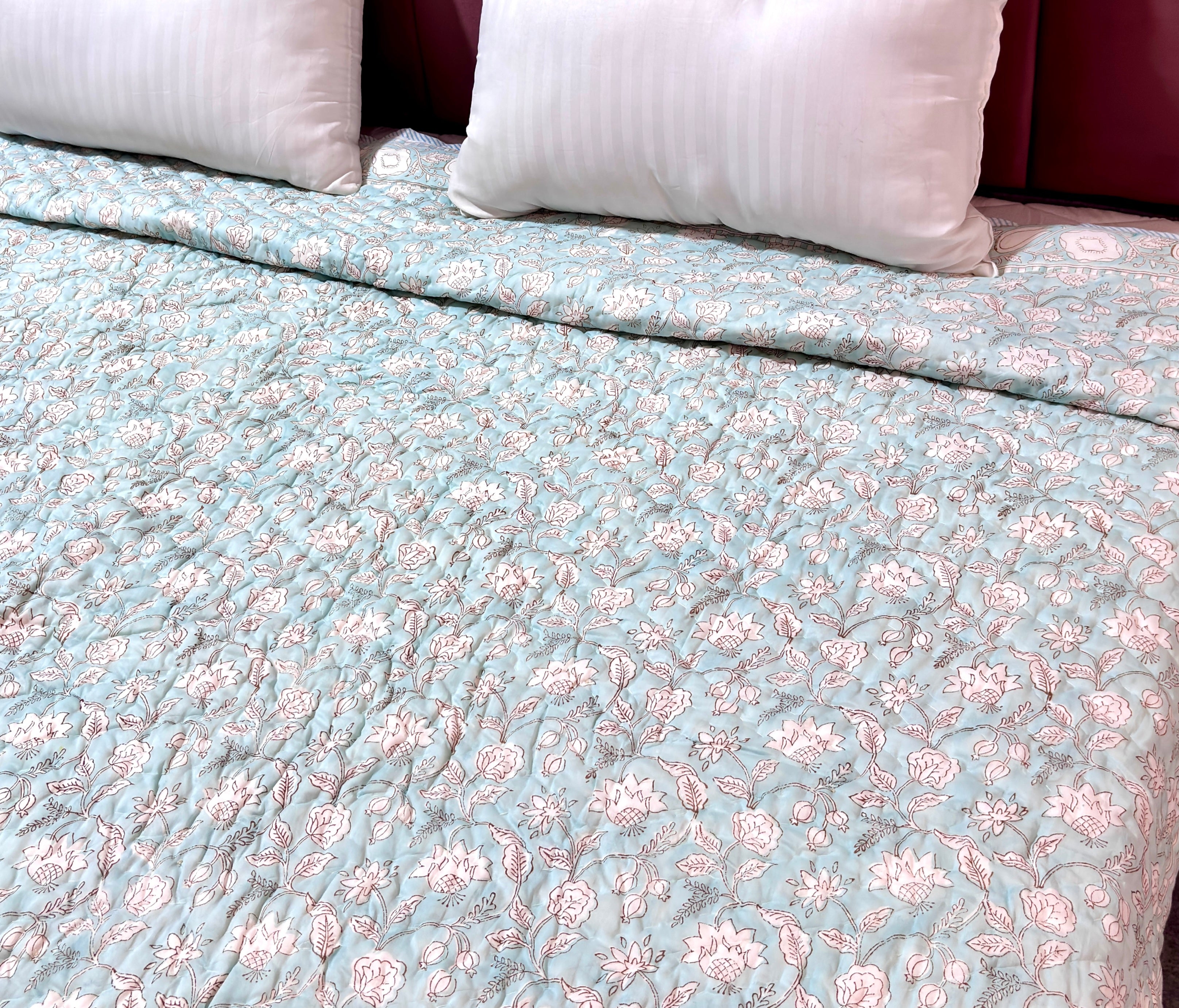 Floral Blue Cotton Quilt | Reversible Pink Flower Quilt | Hand Block Printed Indian Cotton Bedspread | Handmade Bedding