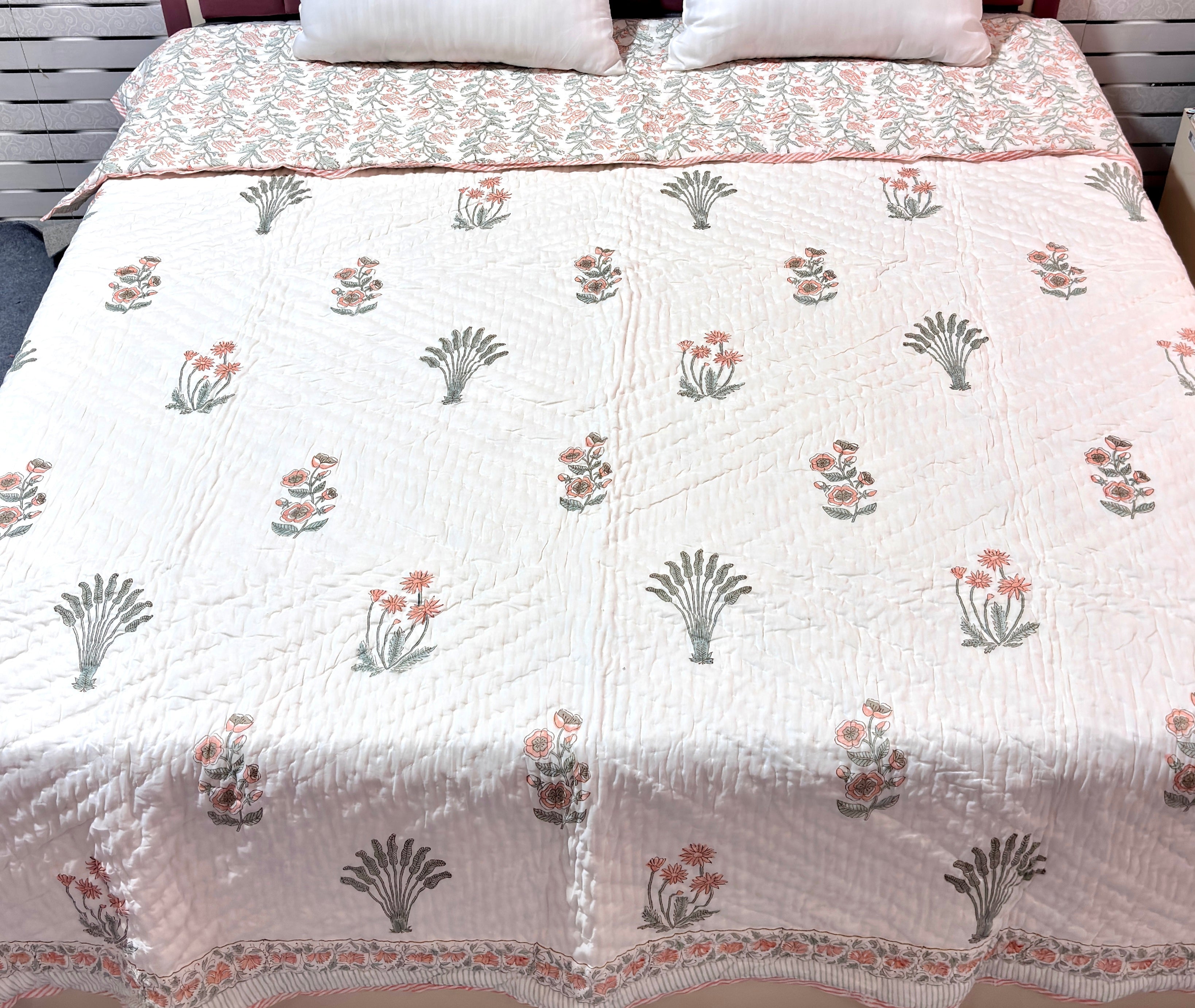 Floral Hand Block Printed Cotton Quilt | White Peach Flower Bed Quilt | Handmade Indian Cotton Bedspread