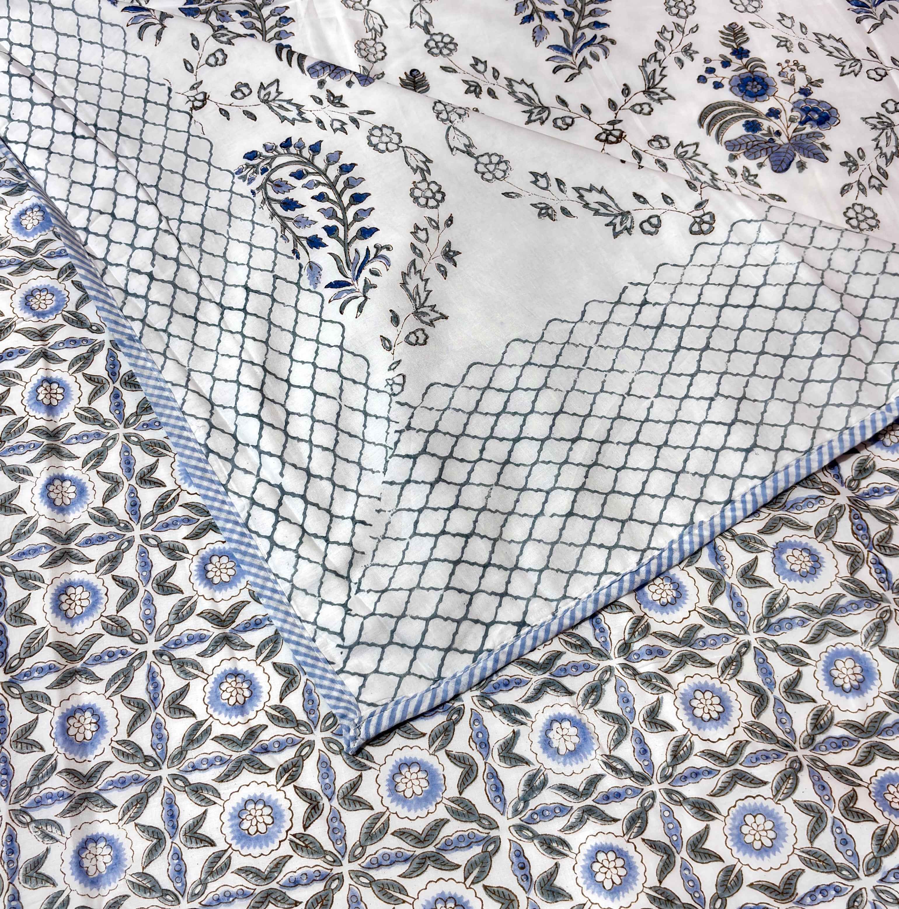 Hand Block Printed Cotton Dohar | Reversible Soft Summer Dohar | Blue Floral Jaipuri Dohar | Lightweight AC Blanket | Handmade Cotton Bedding