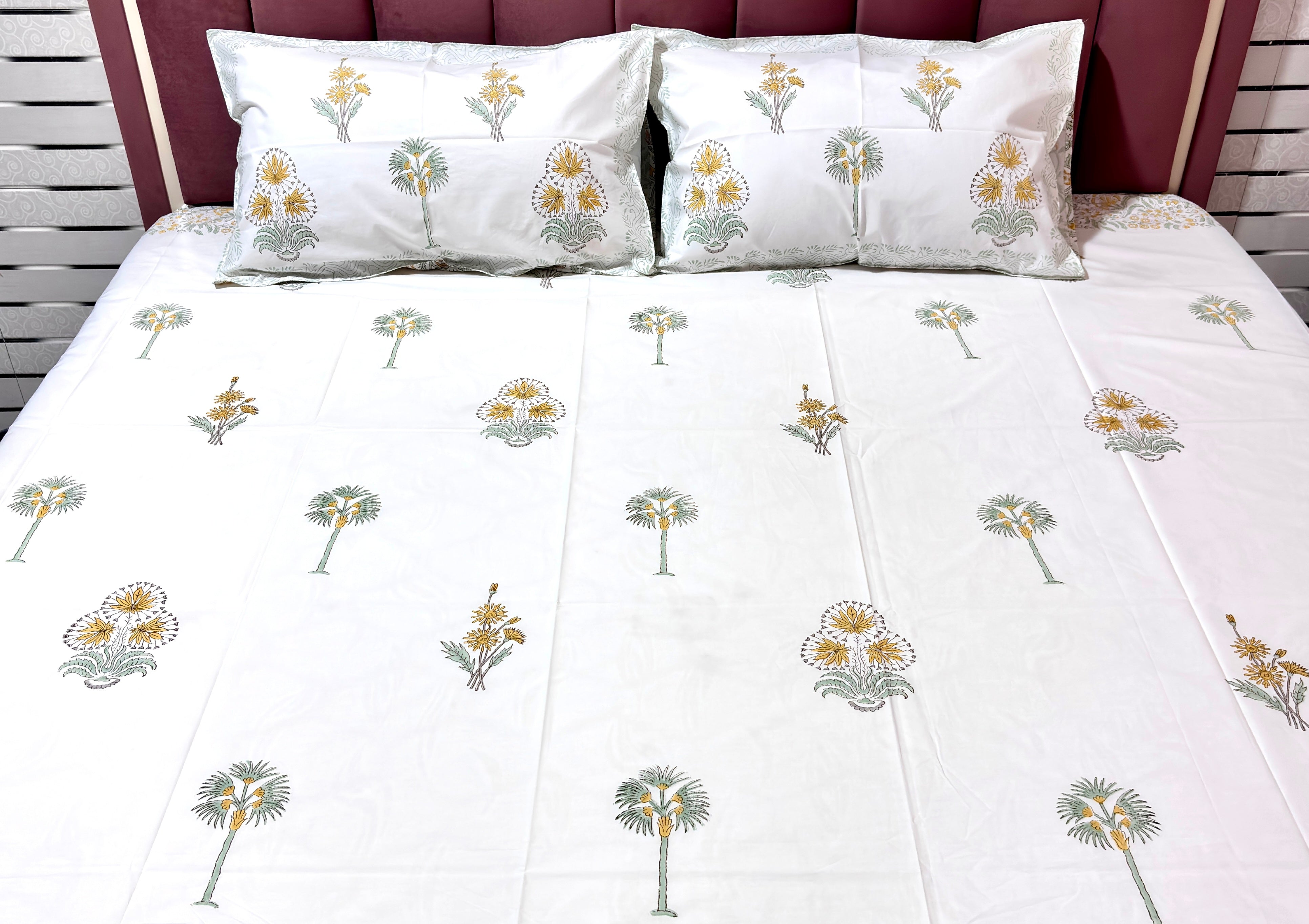 Yellow floral handblock printed king size bedsheet