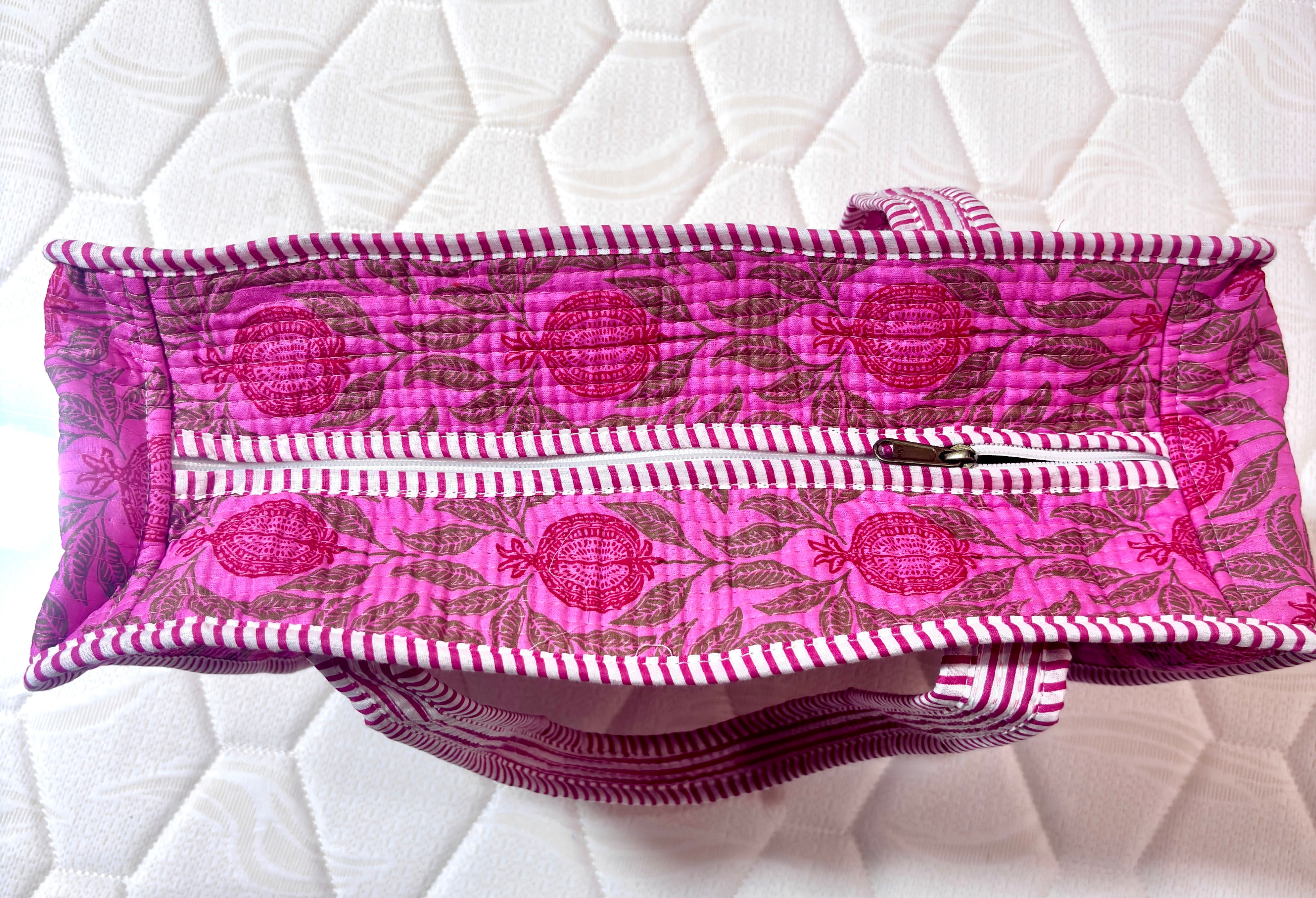 Pink Floral Quilted Cotton Tote Bag for Women | Handmade Shoulder Bag | Large Reusable Shopping, Travel & Everyday Carry Bag