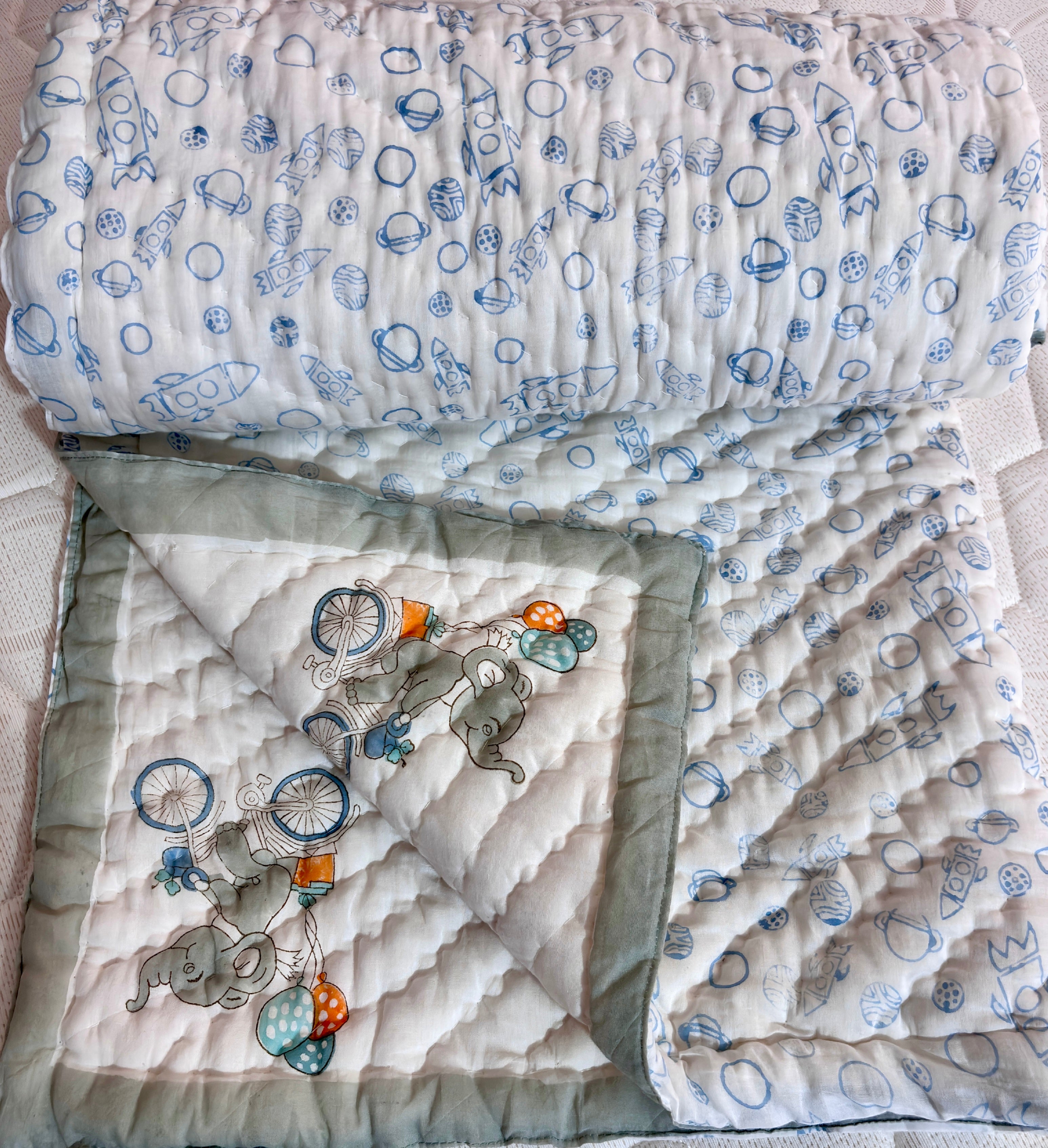 Hand Block Printed Baby Quilt | Cute Elephant & Bird Cotton Baby Blanket | Handmade Reversible Kids Quilt | Soft Toddler Bedding | Nursery Quilt