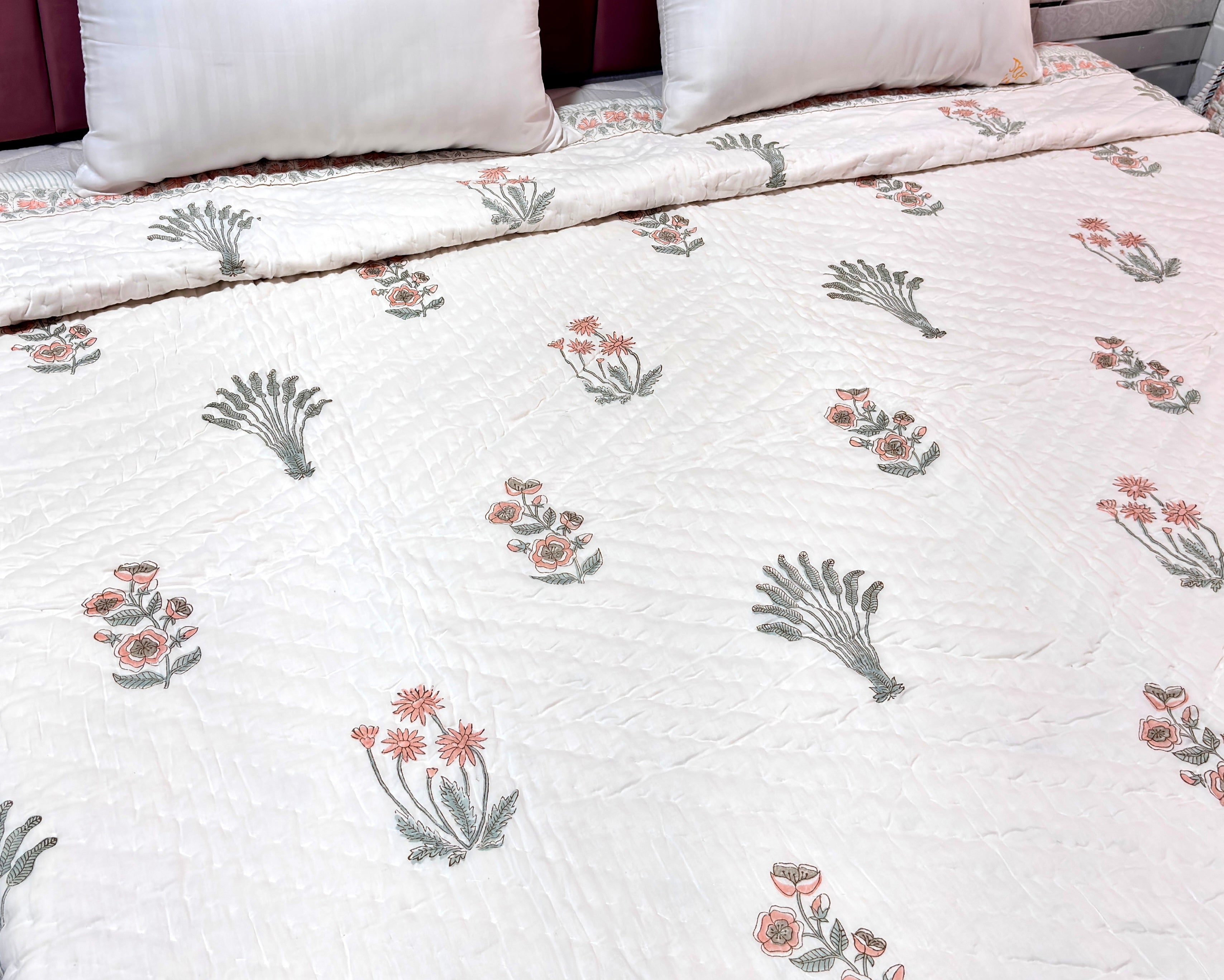 Floral Hand Block Printed Cotton Quilt | White Peach Flower Bed Quilt | Handmade Indian Cotton Bedspread