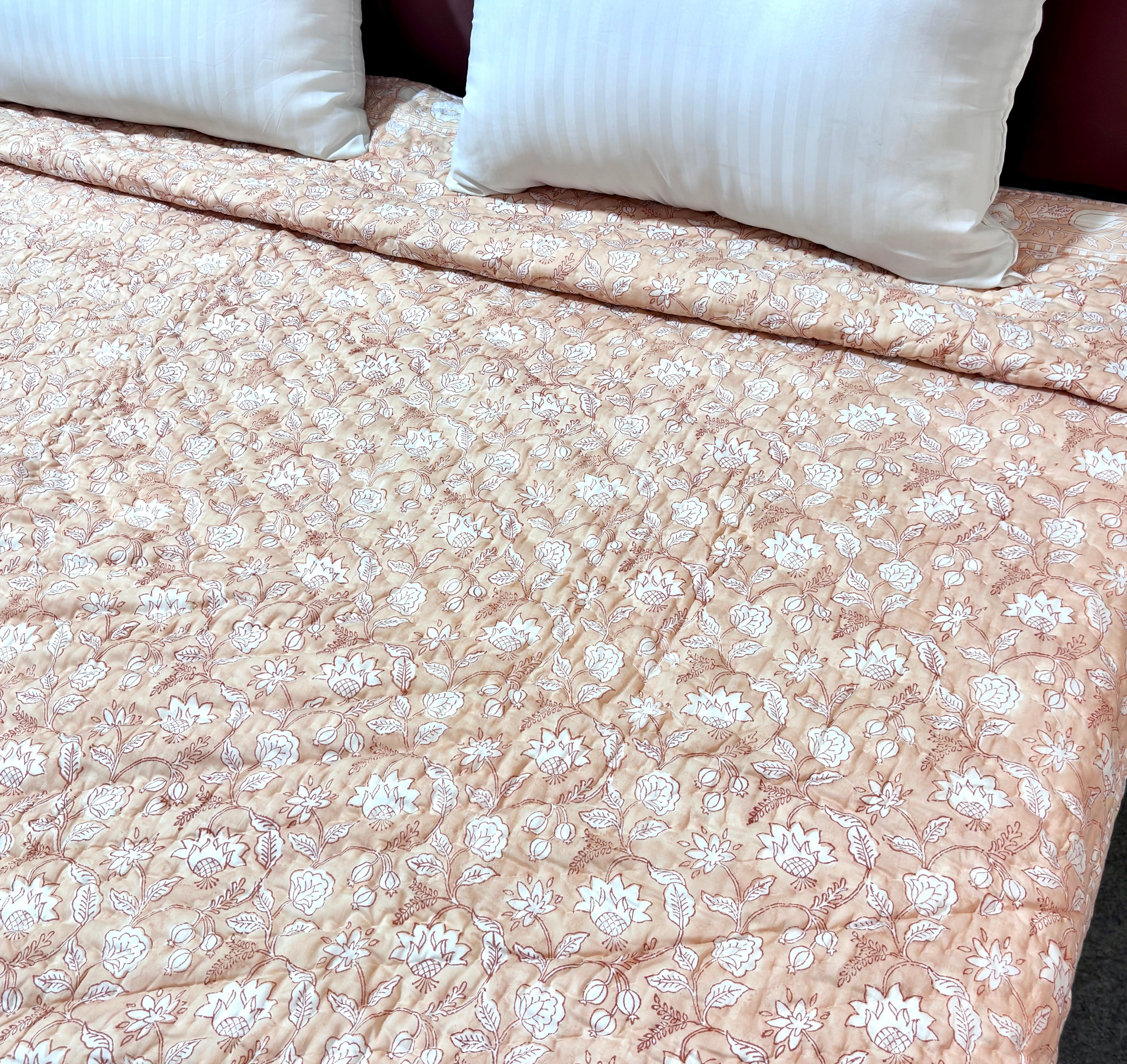 Peach Floral Cotton Quilt | Hand Block Printed Flower Quilt | Soft Indian Cotton Bedspread | Handmade Bedding