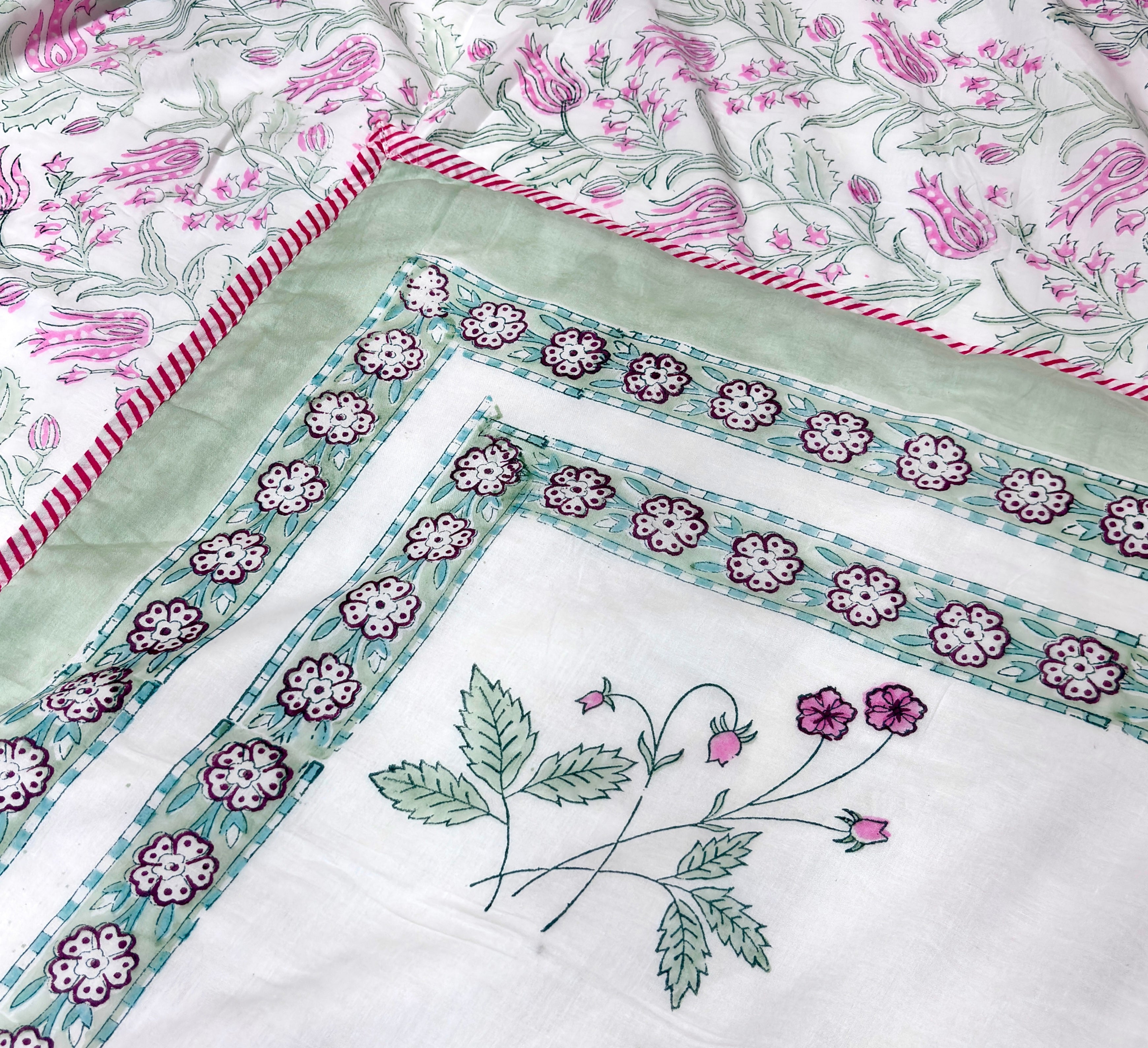 Hand Block Printed Cotton Dohar | Palm Tree Floral Jaipuri Dohar | Soft Reversible Summer AC Blanket | Handmade Cotton Bedding