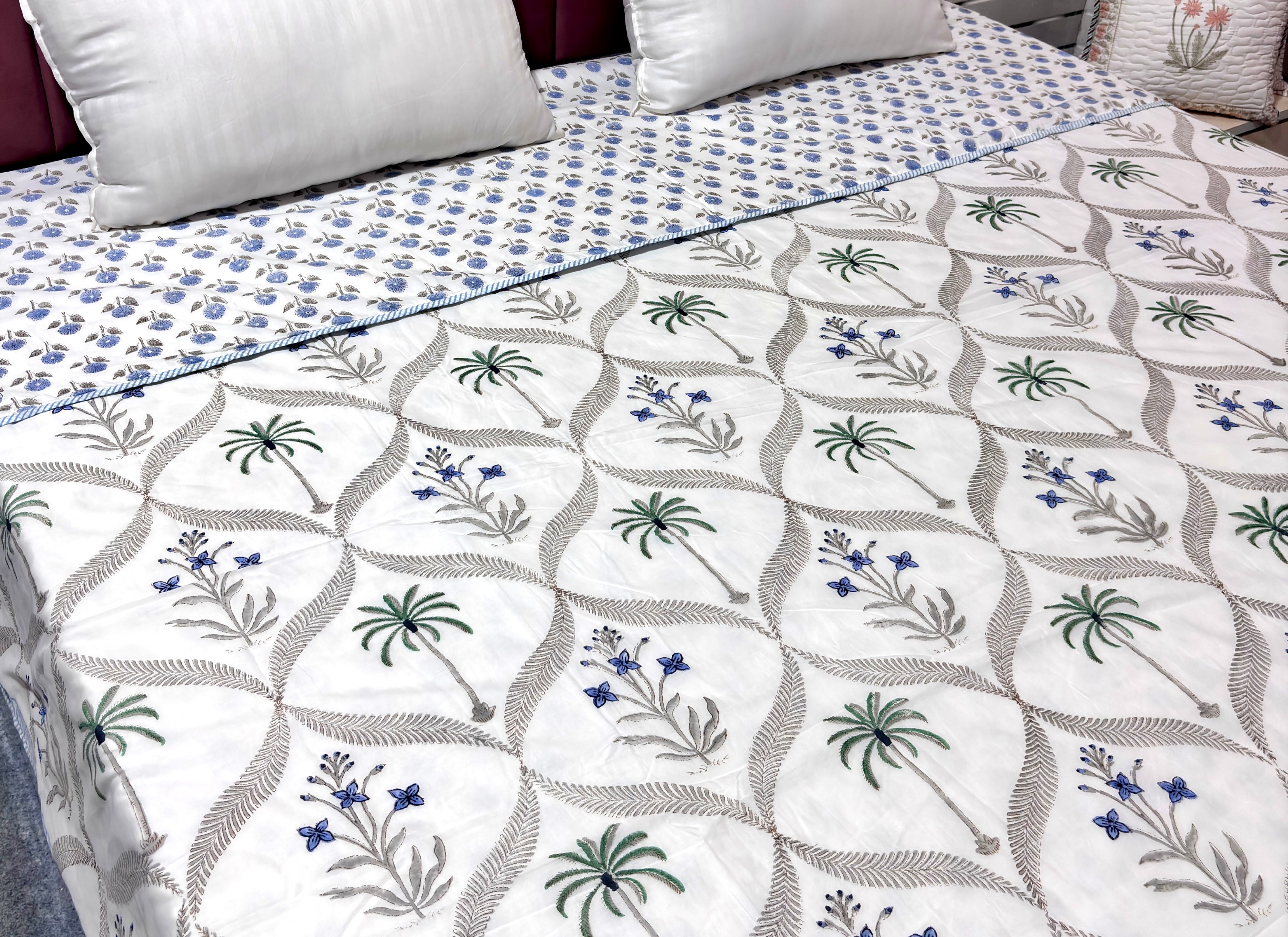 White Blue Floral Cotton Dohar | Hand Block Printed Jaipuri Dohar | Soft Lightweight Summer AC Blanket | Handmade Cotton Bedding