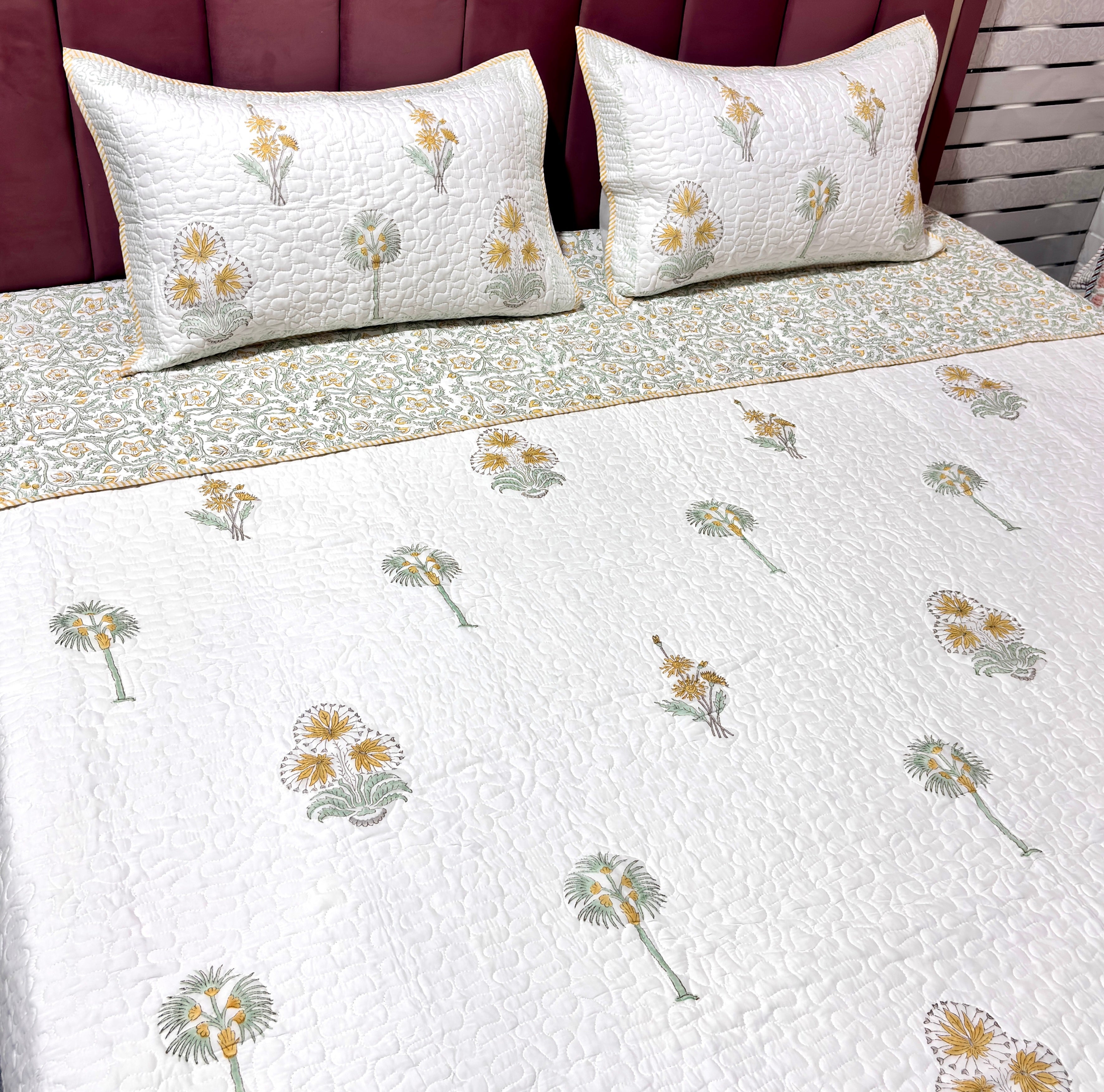 White Yellow Floral Quilted Bedcover | Cotton Bedspread | Hand Block Printed Handmade Bed Cover | Lightweight Floral Bedding