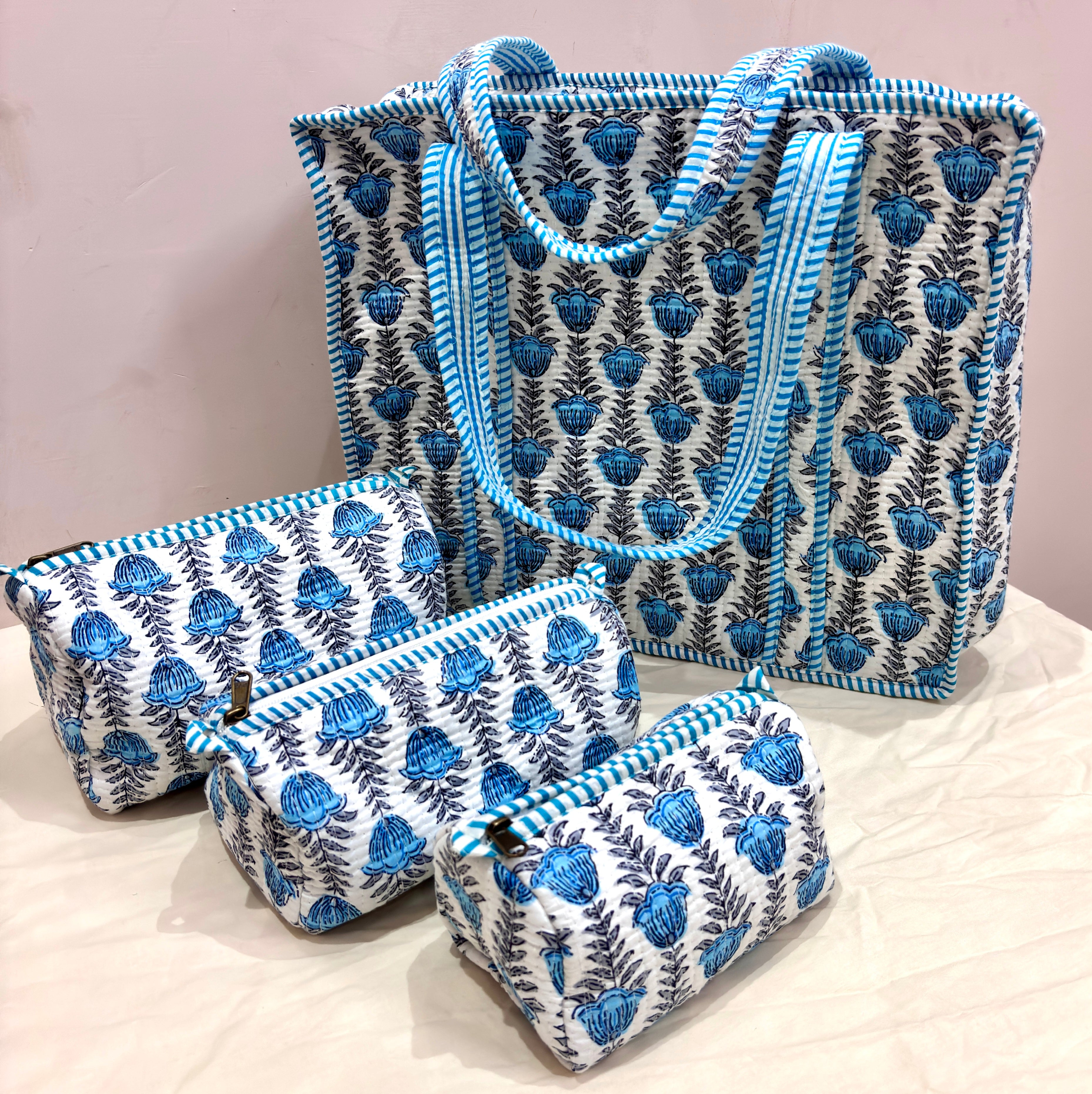 Blue Floral Print Tote Bag Set | Blue White Cotton Tote Bags | Hand Block Printed Reusable Shopping Bags