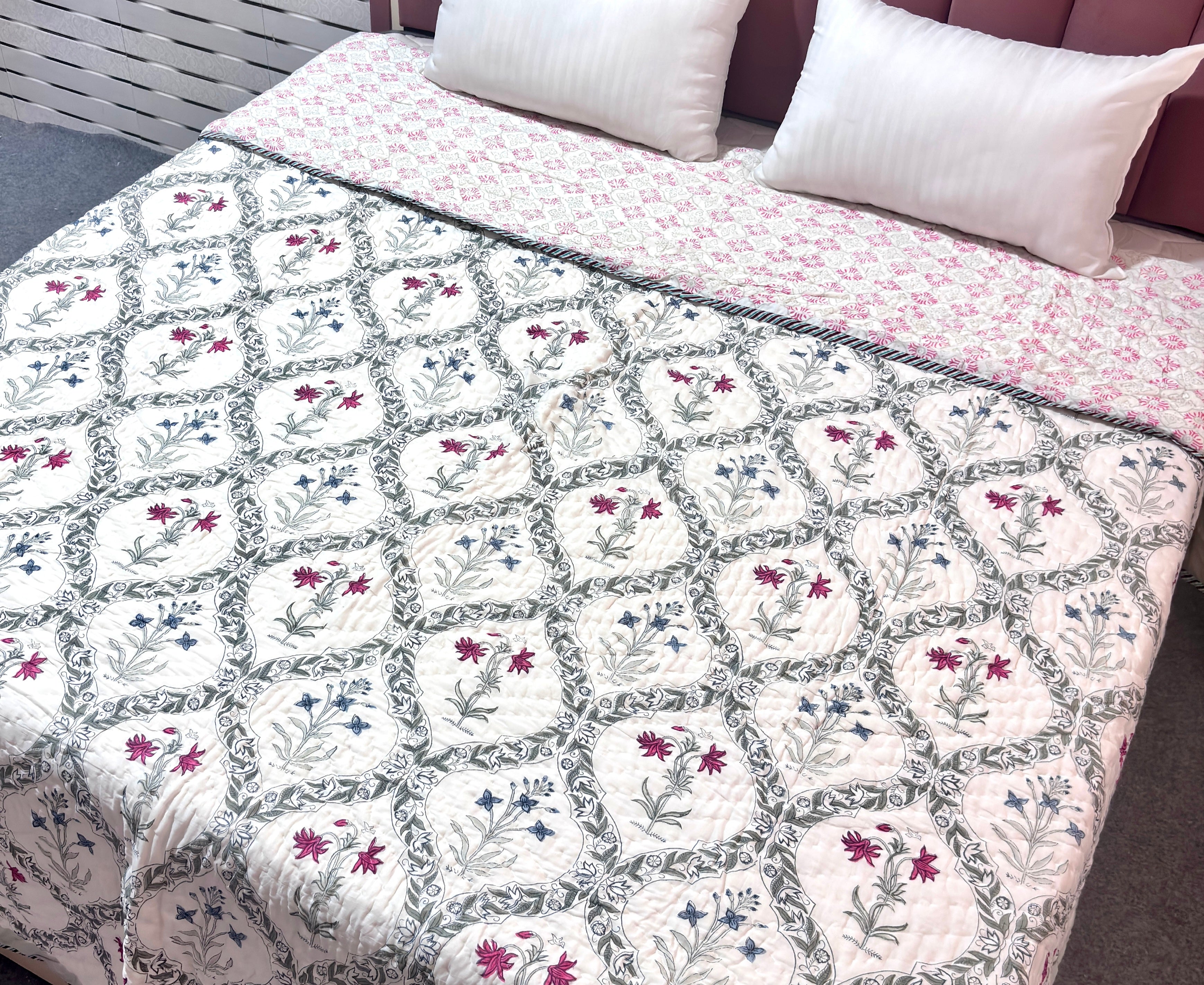 Floral Printed Cotton Quilt | Pink & Blue Floral Bed Quilt | Handmade Indian Cotton Quilt | Reversible Bedding