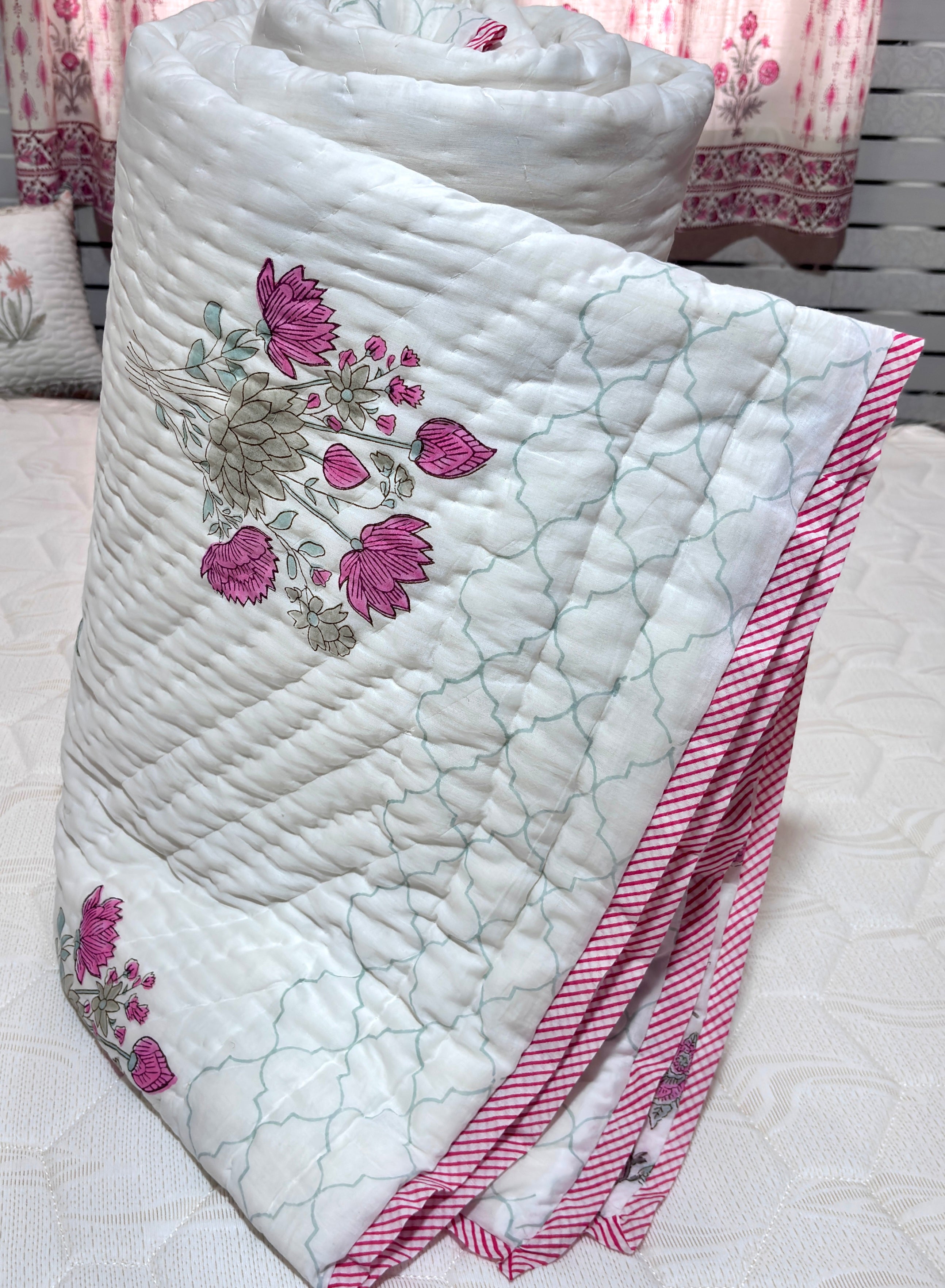 Hand Block Printed Cotton Quilt | Pink Floral Reversible Bedspread | Handmade Indian Quilt | Lightweight Queen & King Size Bedding | All Season Quilt