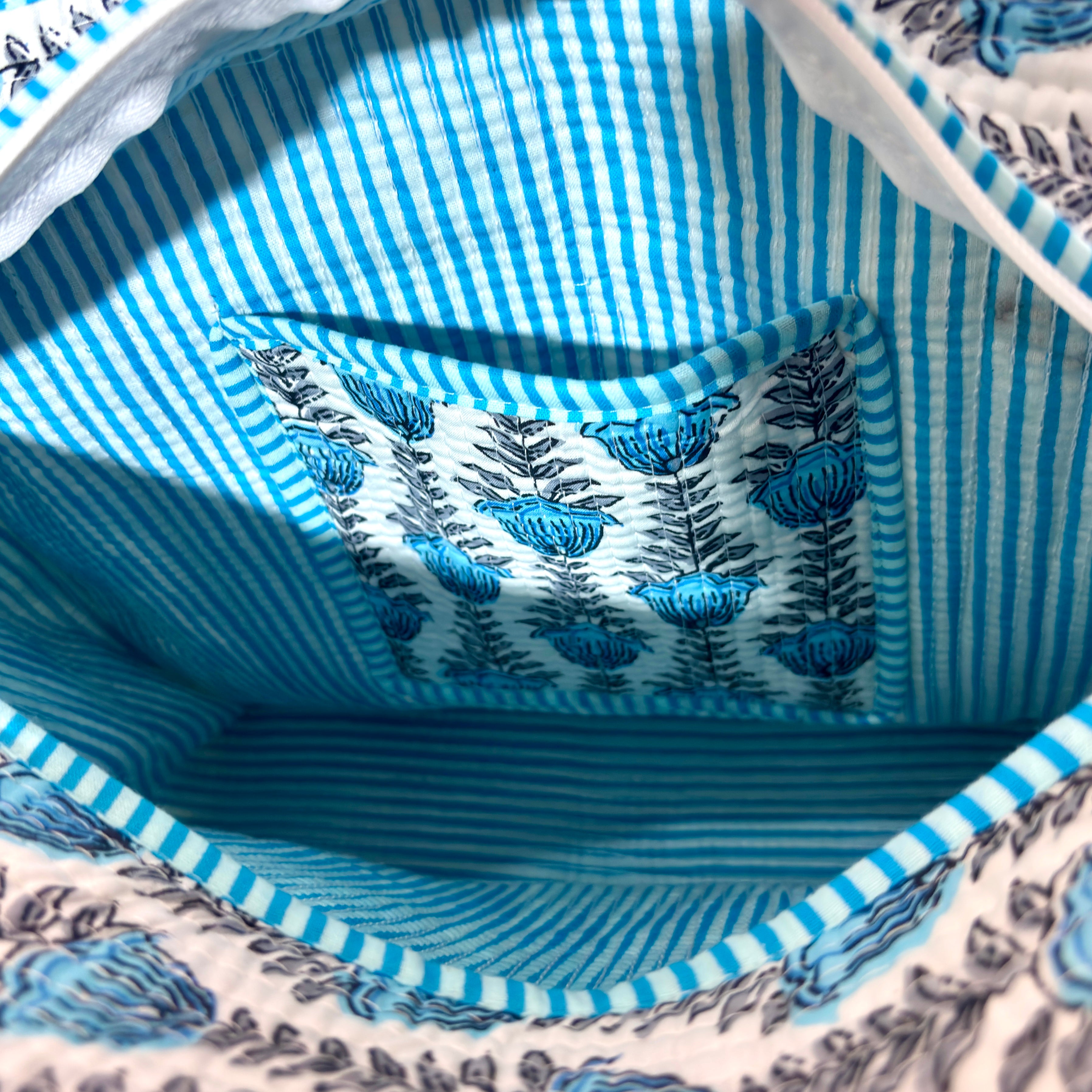 Hand Block Print Quilted Cotton Tote Bag, Handmade Indian Floral Shoulder Bag, Reusable Shopping Bag, Travel Beach Tote, Gift for Her