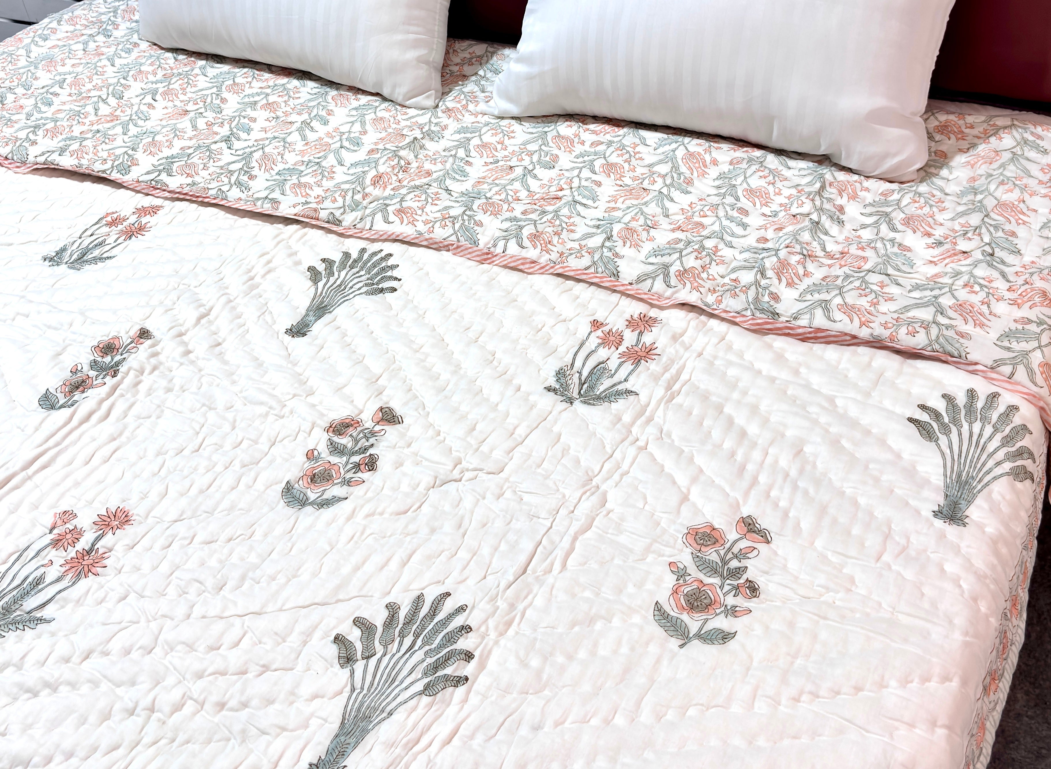Floral Hand Block Printed Cotton Quilt | White Peach Flower Bed Quilt | Handmade Indian Cotton Bedspread