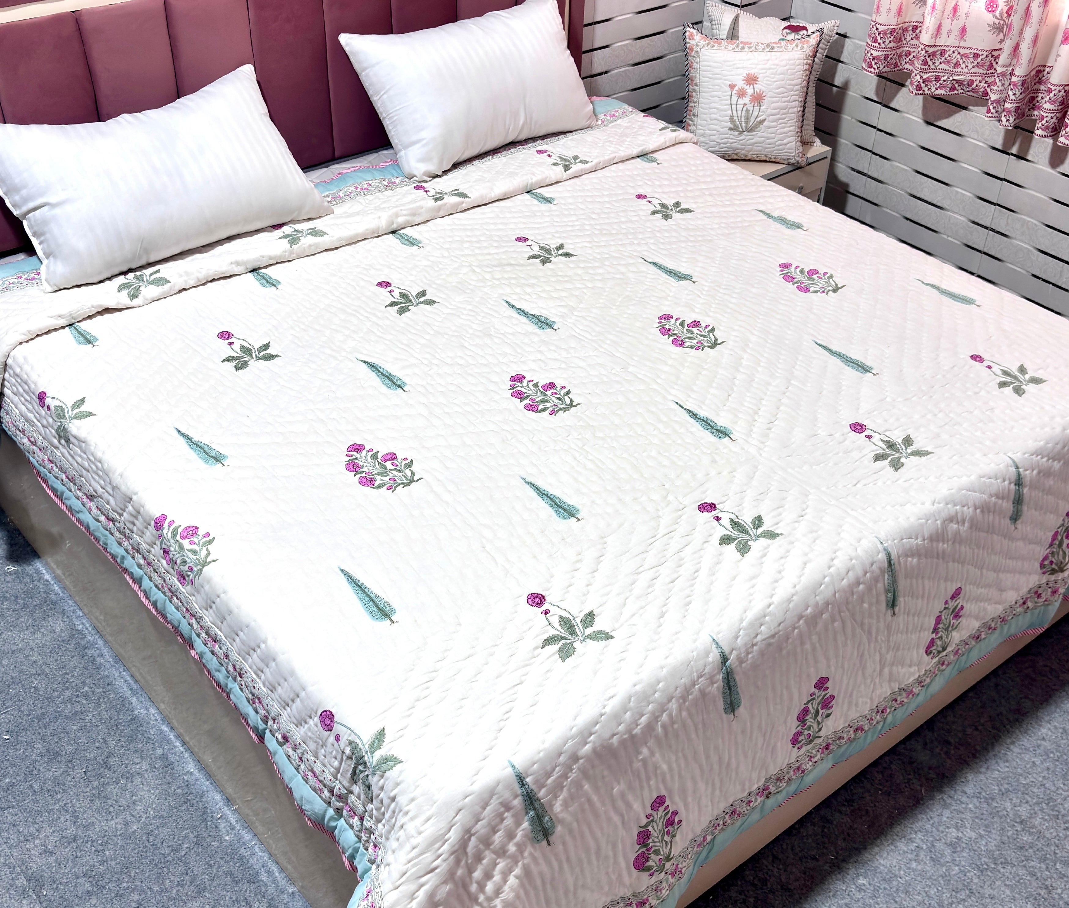 Floral Cotton Quilt | Quilted Bedspread | Hand Block Printed Handmade Quilt | Soft Lightweight Summer Beddin