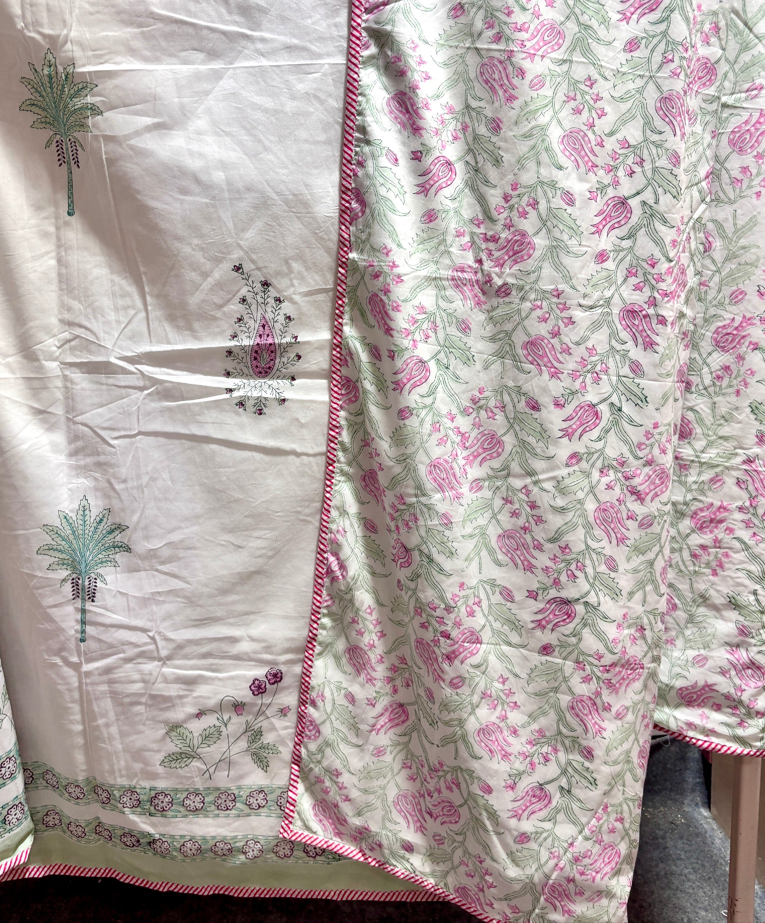 Hand Block Printed Cotton Dohar | Palm Tree Floral Jaipuri Dohar | Soft Reversible Summer AC Blanket | Handmade Cotton Bedding