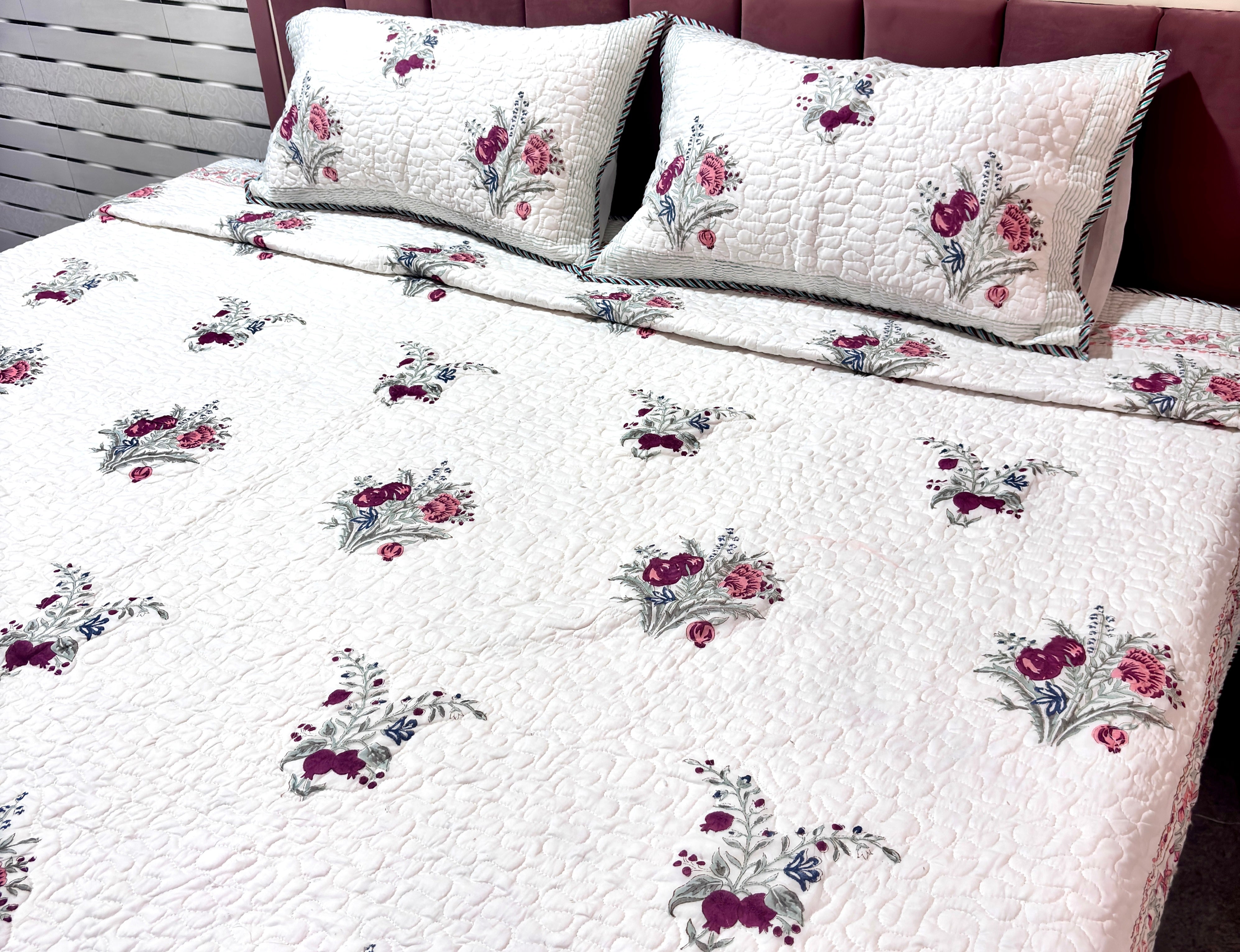Hand Block Printed Cotton Bedcover | White Pink Floral Bedspread | Handmade Indian Cotton Bed Cover | Queen & King Size Bedding