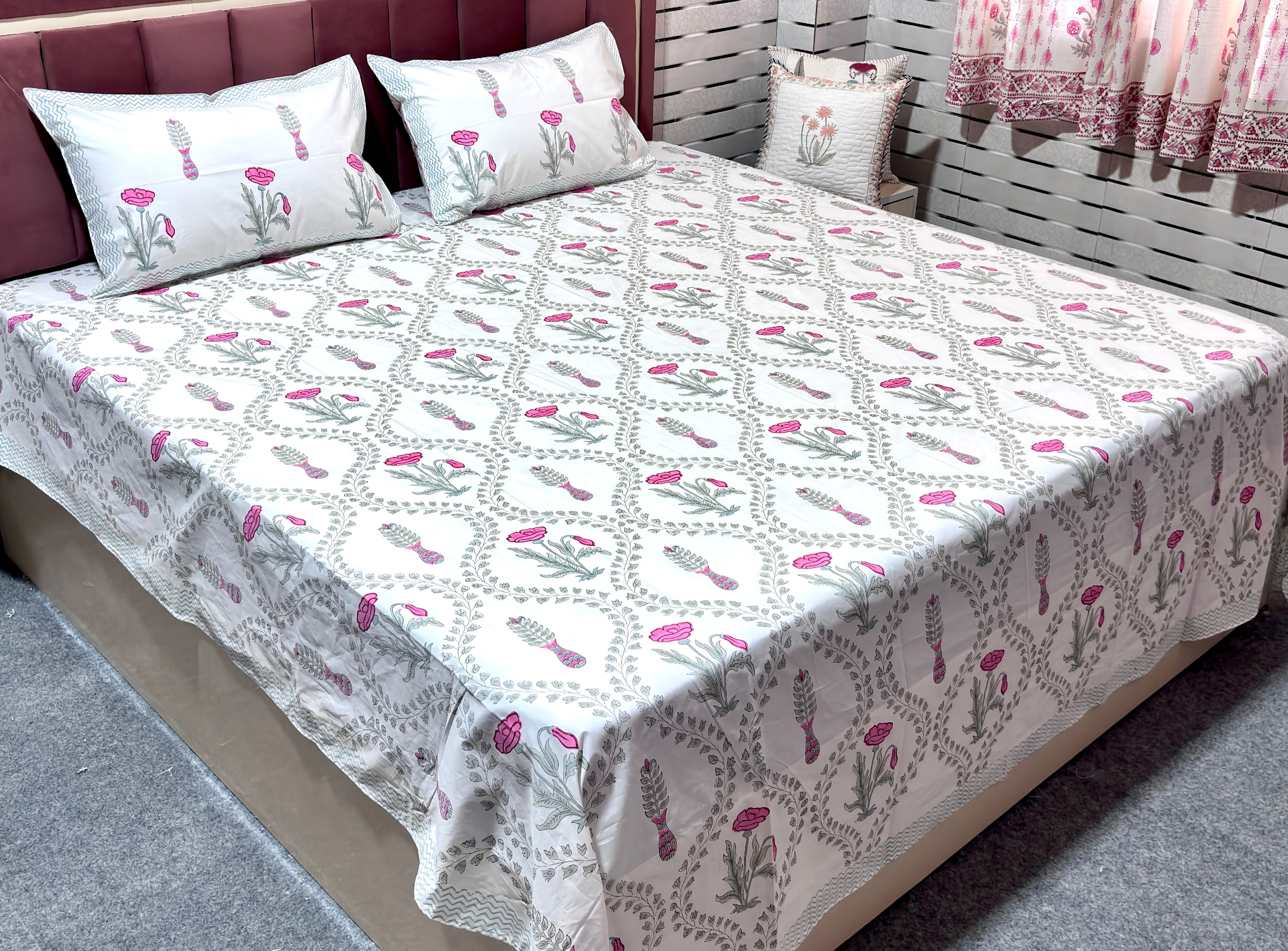 Hand Block Printed Cotton Bedsheet | Floral Pink & Grey Double Bedsheet | 108 x 108 Inch