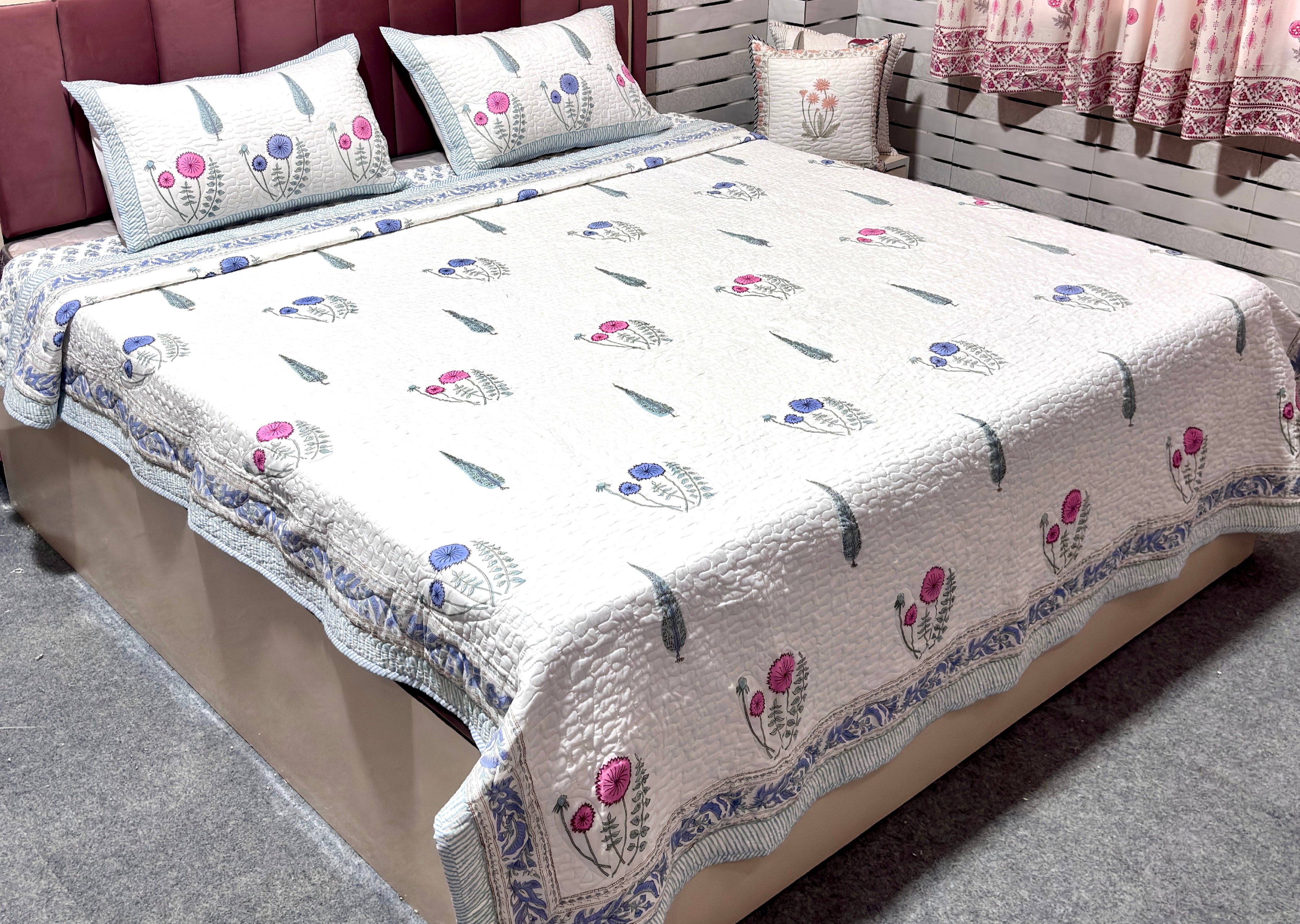White Blue Pink Floral Bedcover | Quilted Cotton Bedspread | Hand Block Printed Handmade Bed Cover | Soft Indian Home Bedding