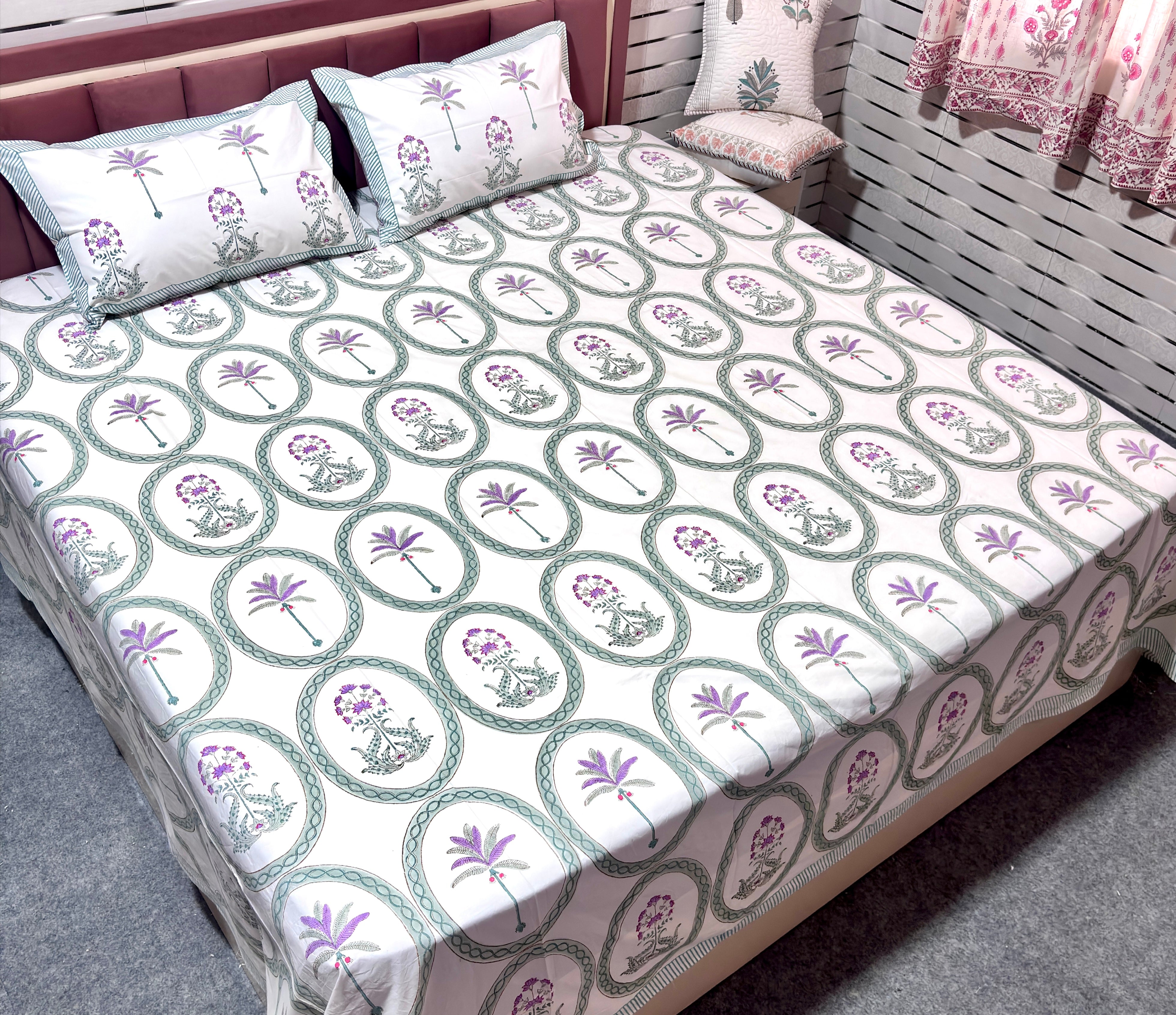 Premium Floral Printed Double Bedsheet with 2 Pillow Covers | White & Lavender Cotton Bedsheet Set