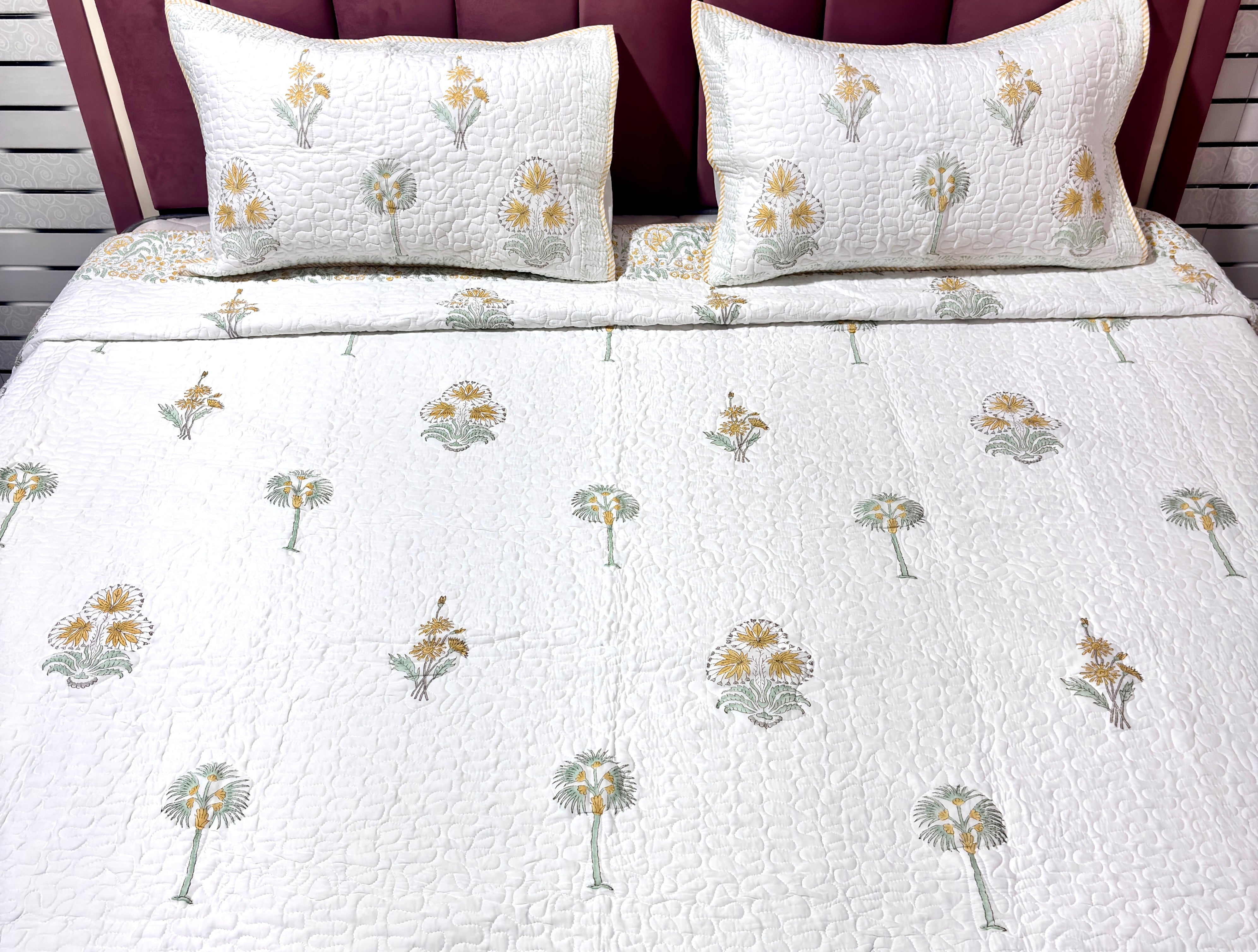 White Yellow Floral Quilted Bedcover | Cotton Bedspread | Hand Block Printed Handmade Bed Cover | Lightweight Floral Bedding