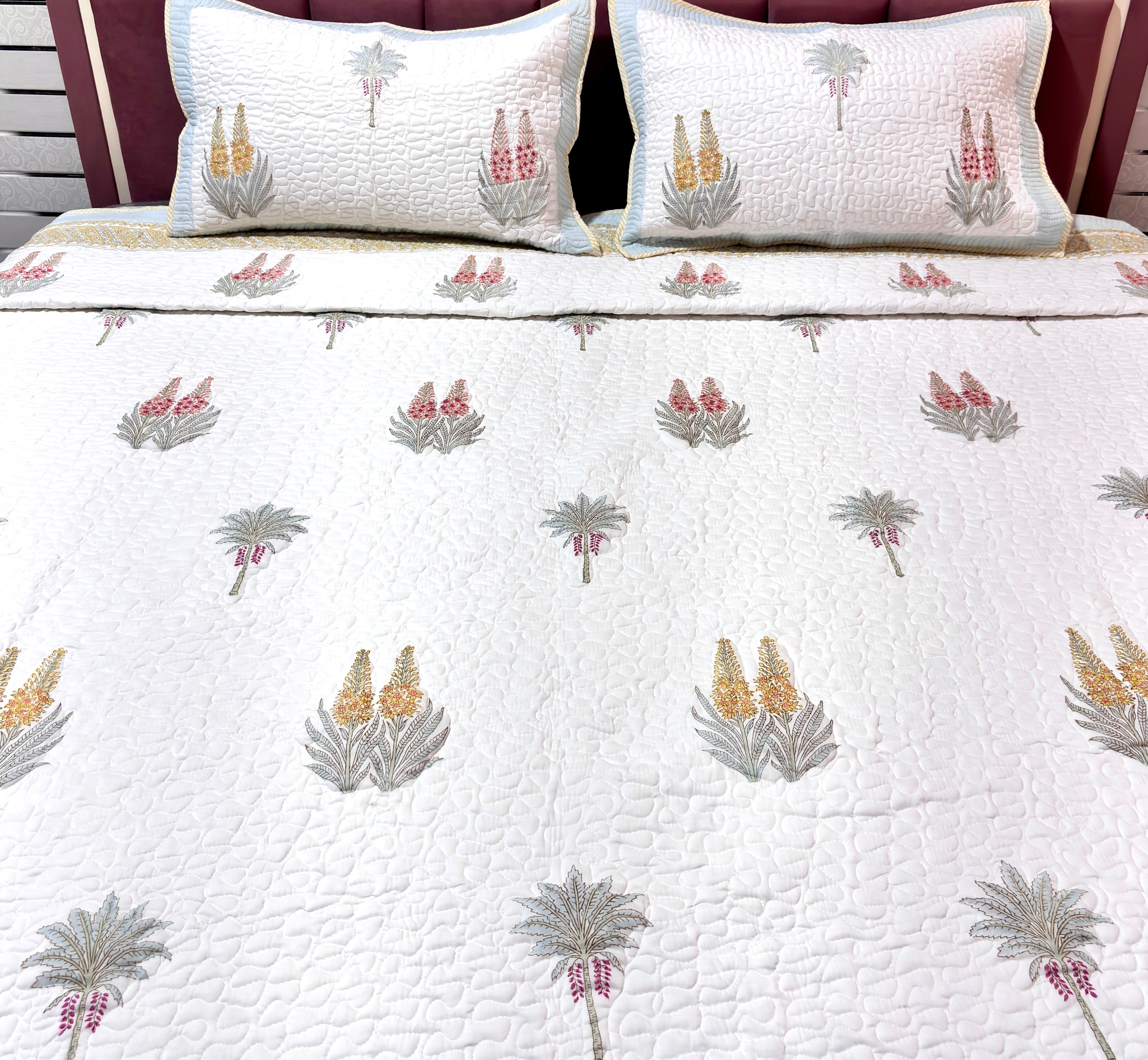 Hand Block Print Cotton Bedcover, Floral Quilted Bedspread, Handmade Indian Bedding, Lightweight Decorative Bed Cover