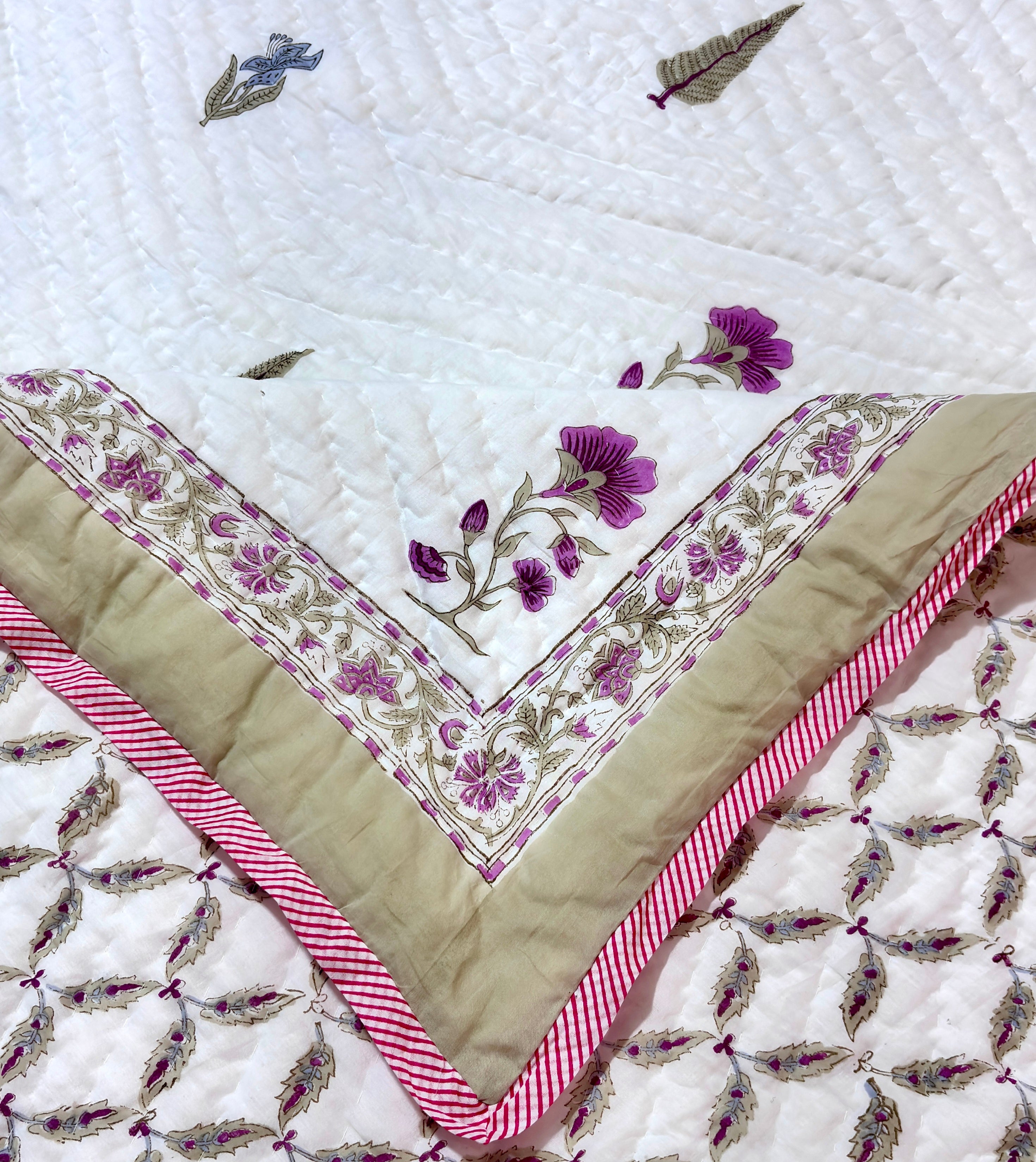 White Floral Cotton Quilt Queen Size | Printed Geometric Botanical Quilted Bedspread | Soft Lightweight Indian Cotton Bed Cover for Bedroom Decor