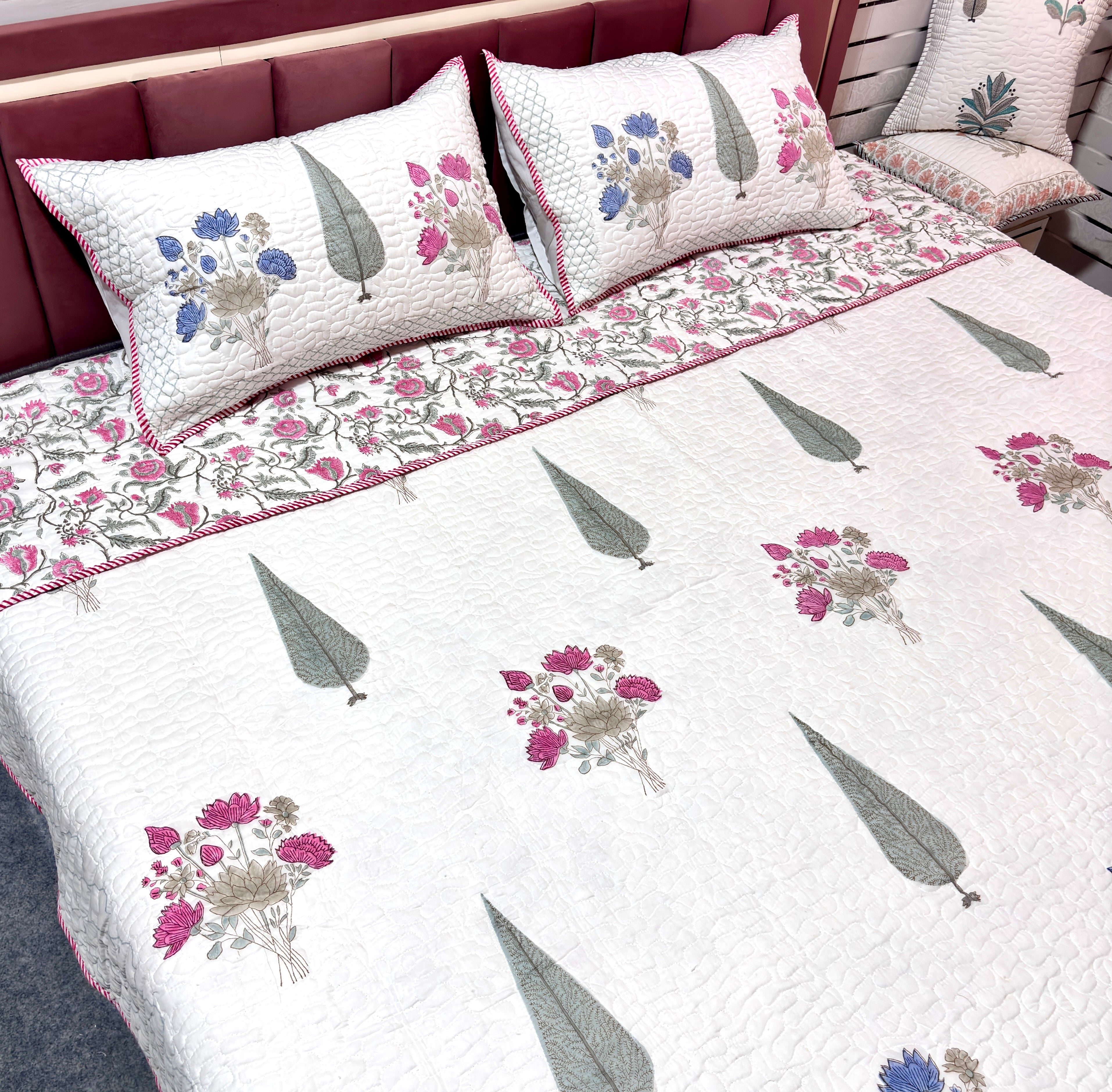 Premium Floral Quilted Bedcover Set with Pillow Covers – Soft Cotton Double Bedspread for Home Decor