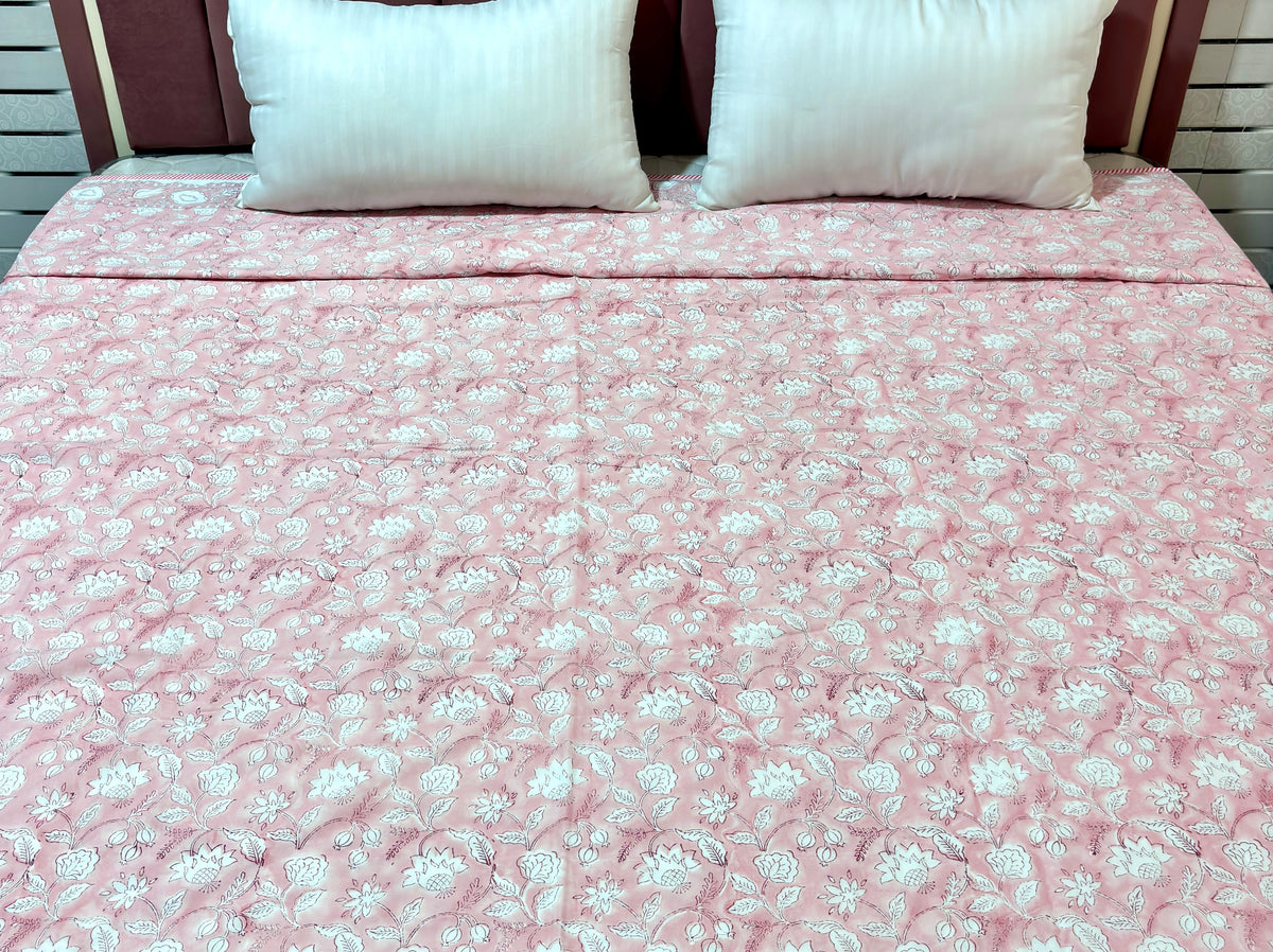 Pink Floral Cotton Dohar | Soft Printed Summer Blanket | Elegant Floral Double Bed Dohar | Lightweight Indian Bedding