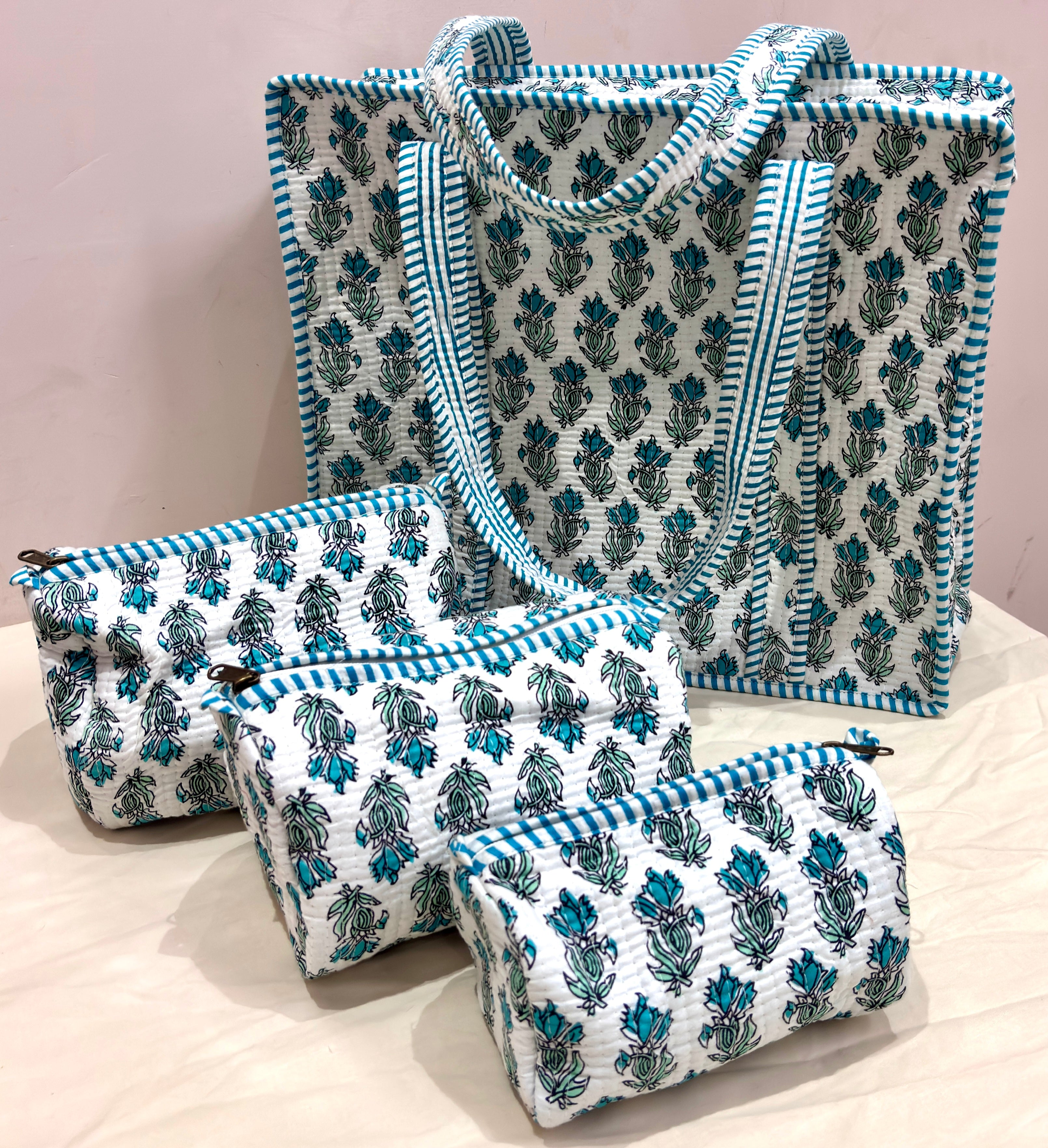 # Light Green Blue Floral Print Tote Bag | Cotton Hand Block Printed Reusable Shopping Bag | Handmade Fabric Tote