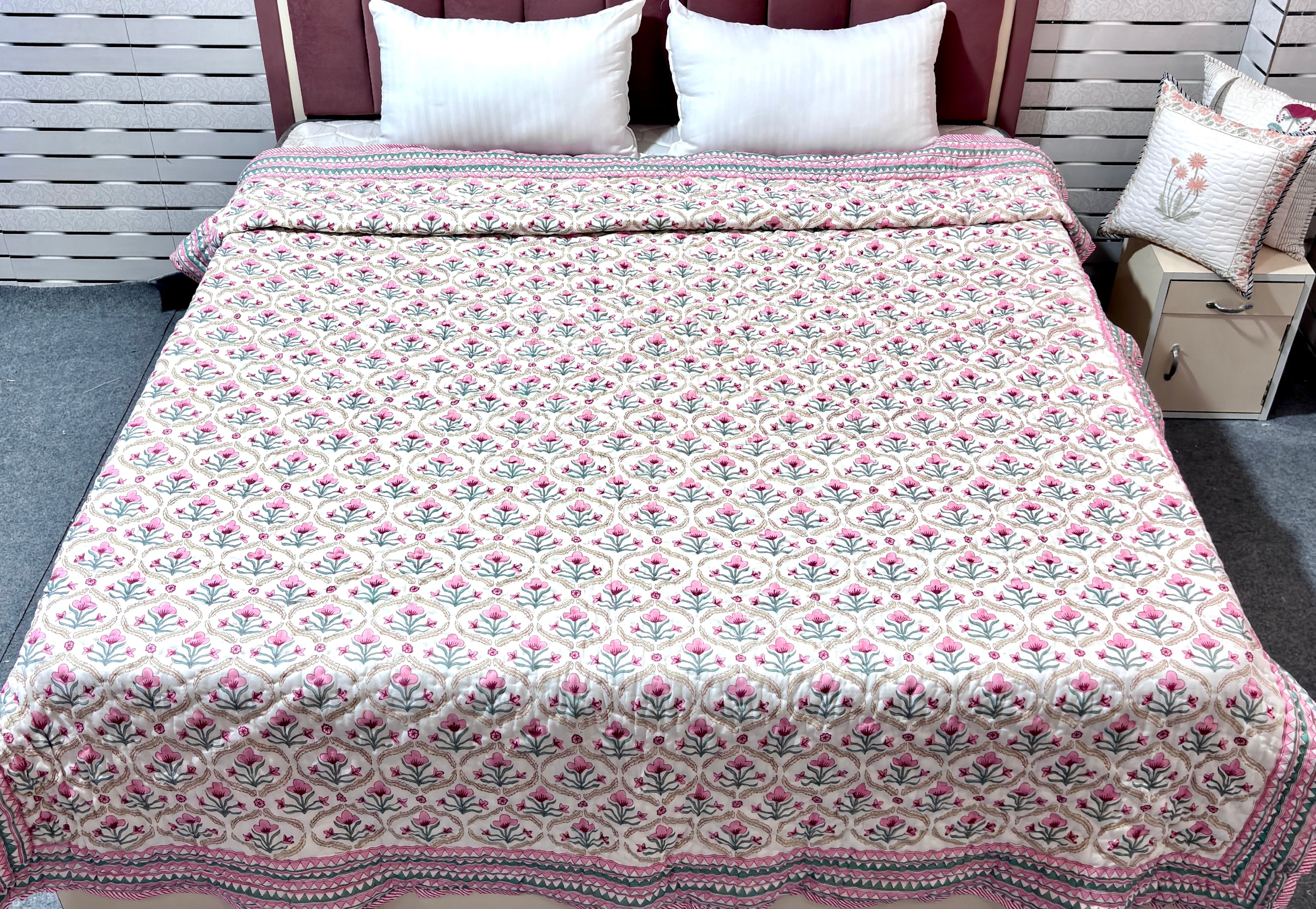 White Pink Floral Cotton Quilt | Hand Block Printed Reversible Quilt | Lightweight Summer Quilt | Handmade Cotton Bedding
