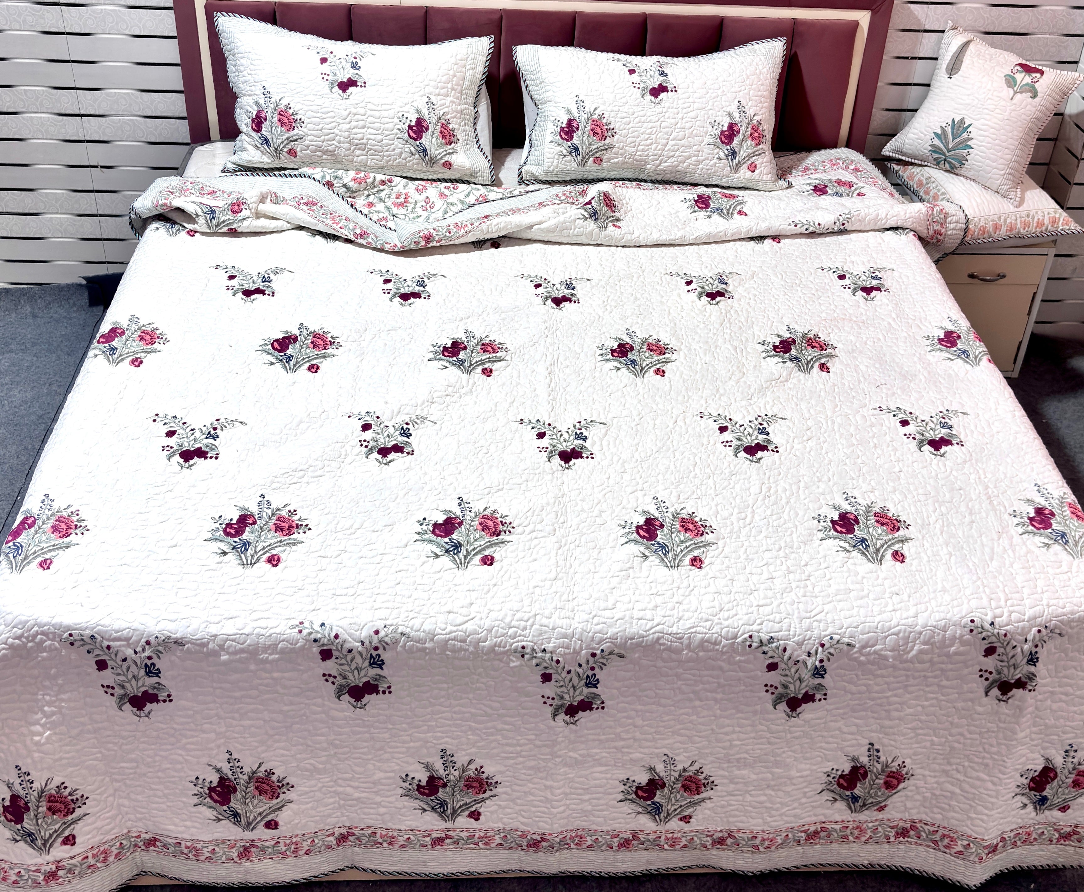 Hand Block Printed Cotton Bedcover | White Pink Floral Bedspread | Handmade Indian Cotton Bed Cover | Queen & King Size Bedding