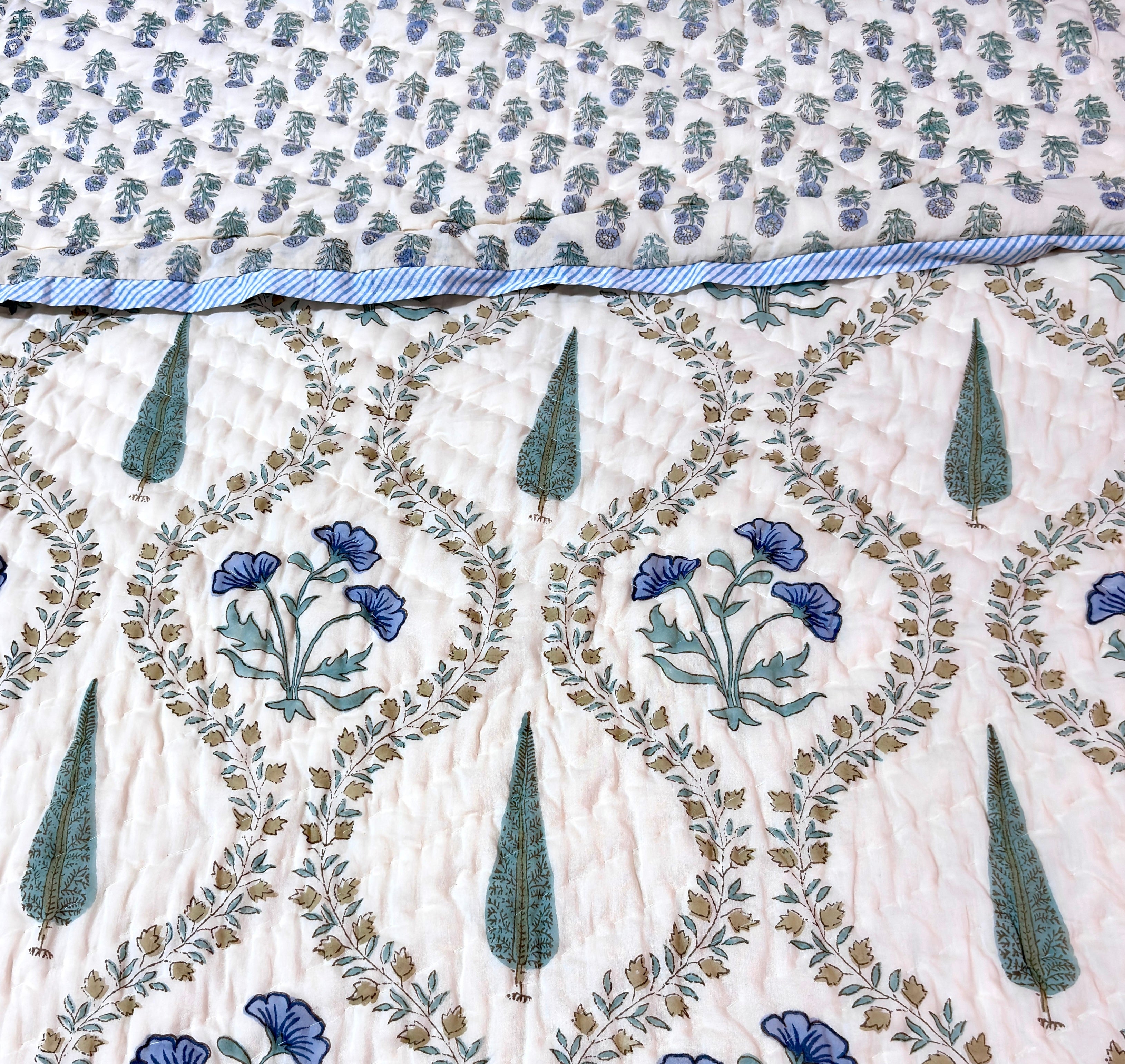 Blue Floral Cotton Quilt | Traditional Indian Flower Print Bed Quilt | Soft Cotton Bedspread | Handmade Bedding