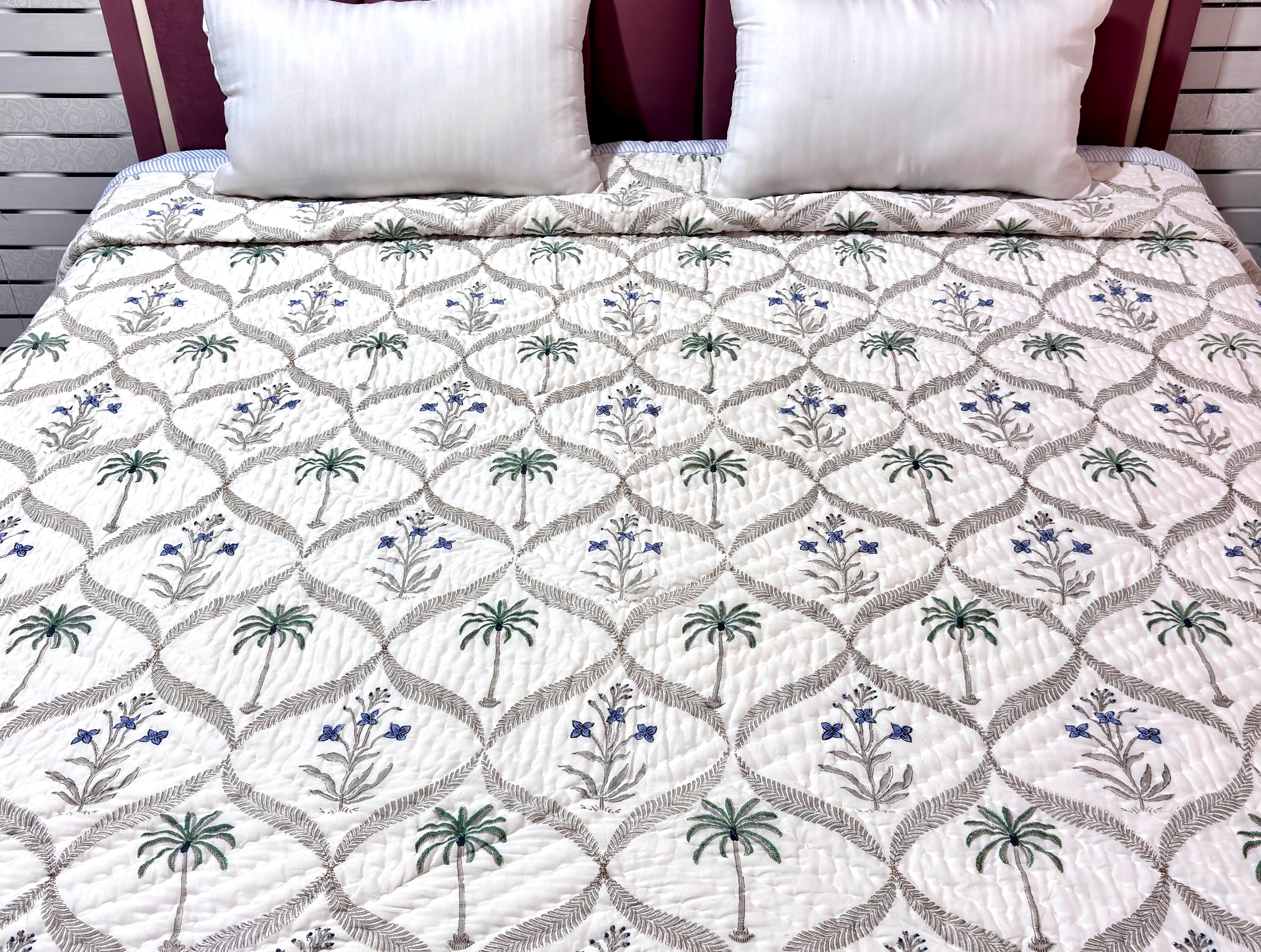 Blue Floral Cotton Quilt | Reversible Hand Block Printed Quilt | Palm Tree & Floral Quilted Bedspread | Lightweight Summer Bedding