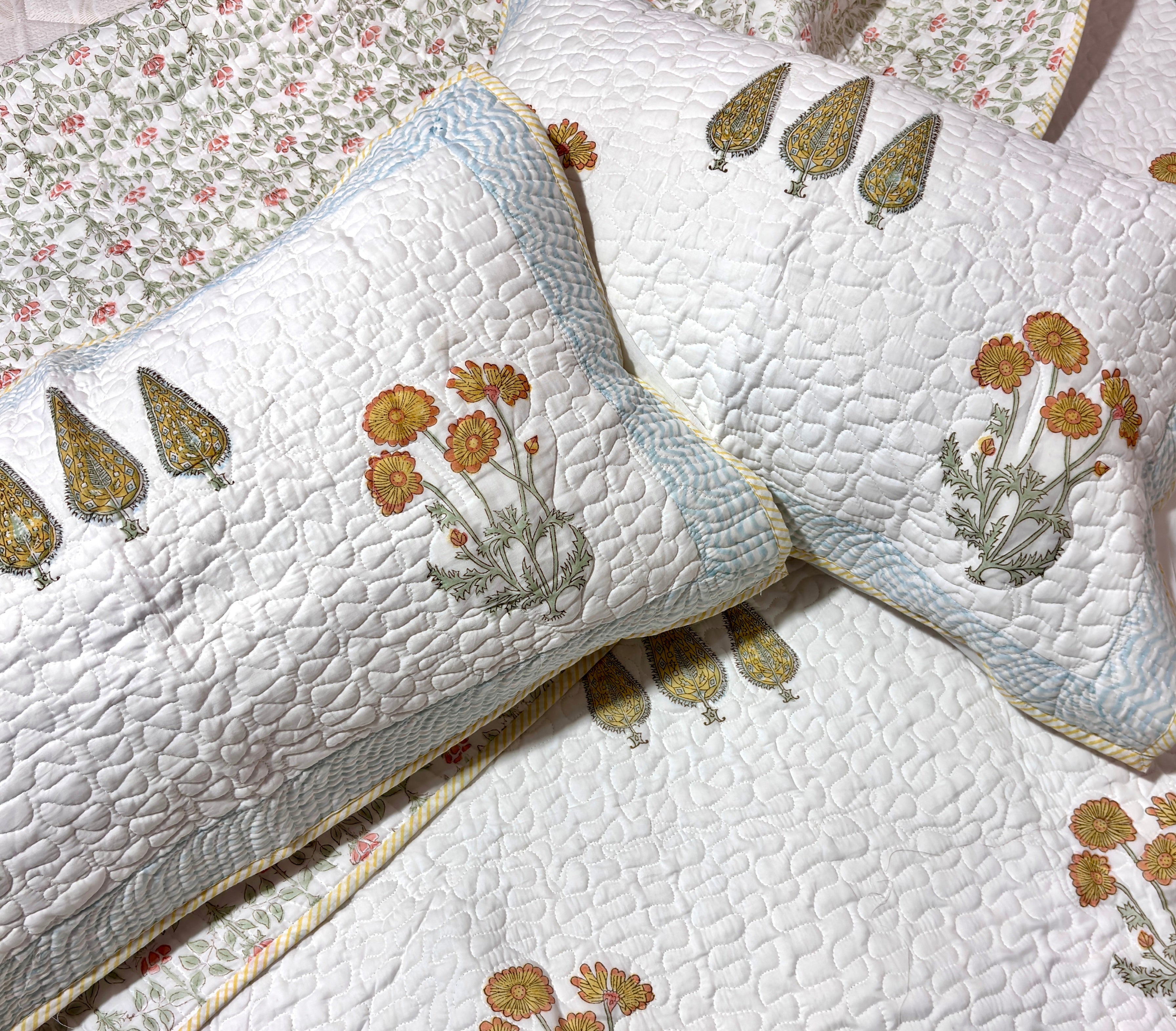 Floral Cotton Bedcover | Hand Block Printed Quilted Bedspread | Handmade Cotton Bed Cover | Floral Bedding