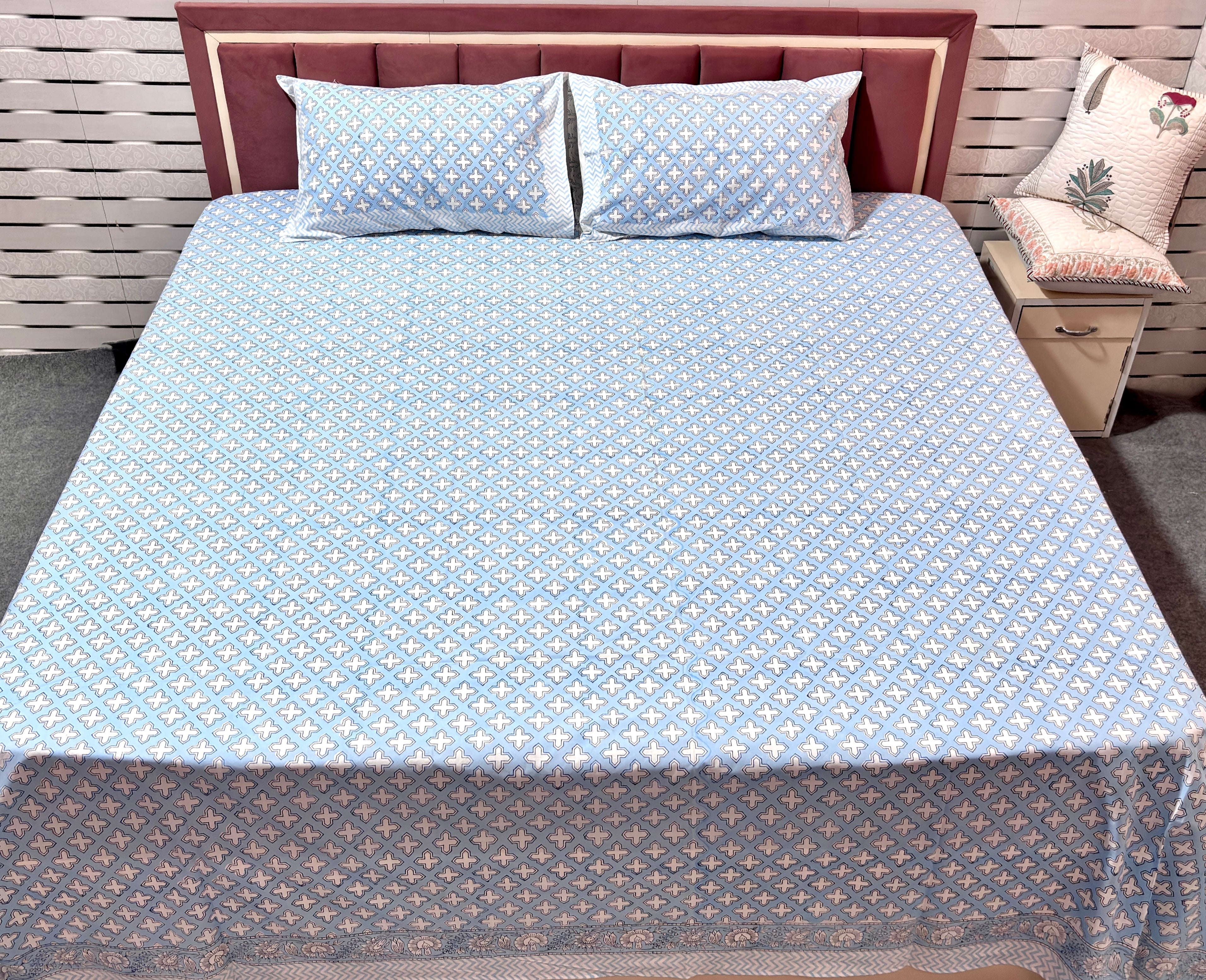 Premium Blue Cotton King Size Bedsheet with Pillow Covers