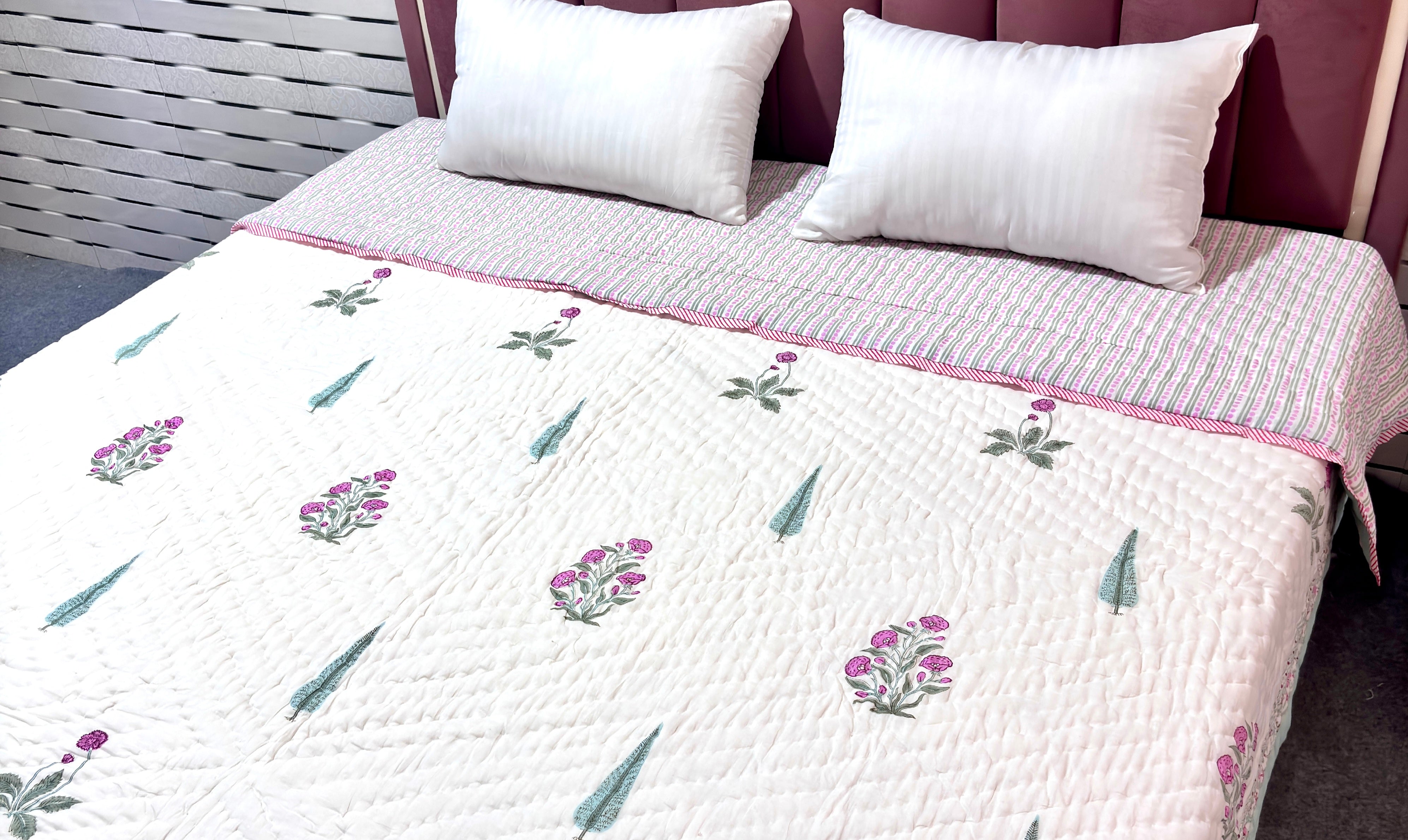 Floral Cotton Quilt | Quilted Bedspread | Hand Block Printed Handmade Quilt | Soft Lightweight Summer Beddin