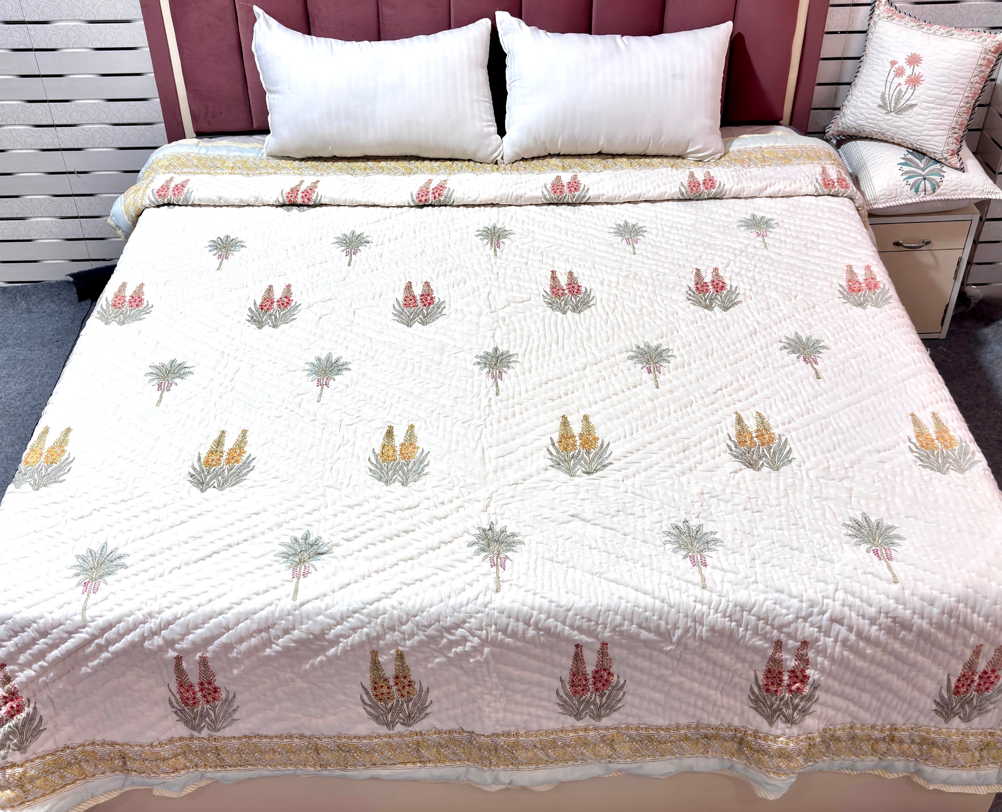 White Hand Block Printed Cotton Quilt | Botanical Floral Jaipuri Quilt | Soft Reversible All Season Bedspreads