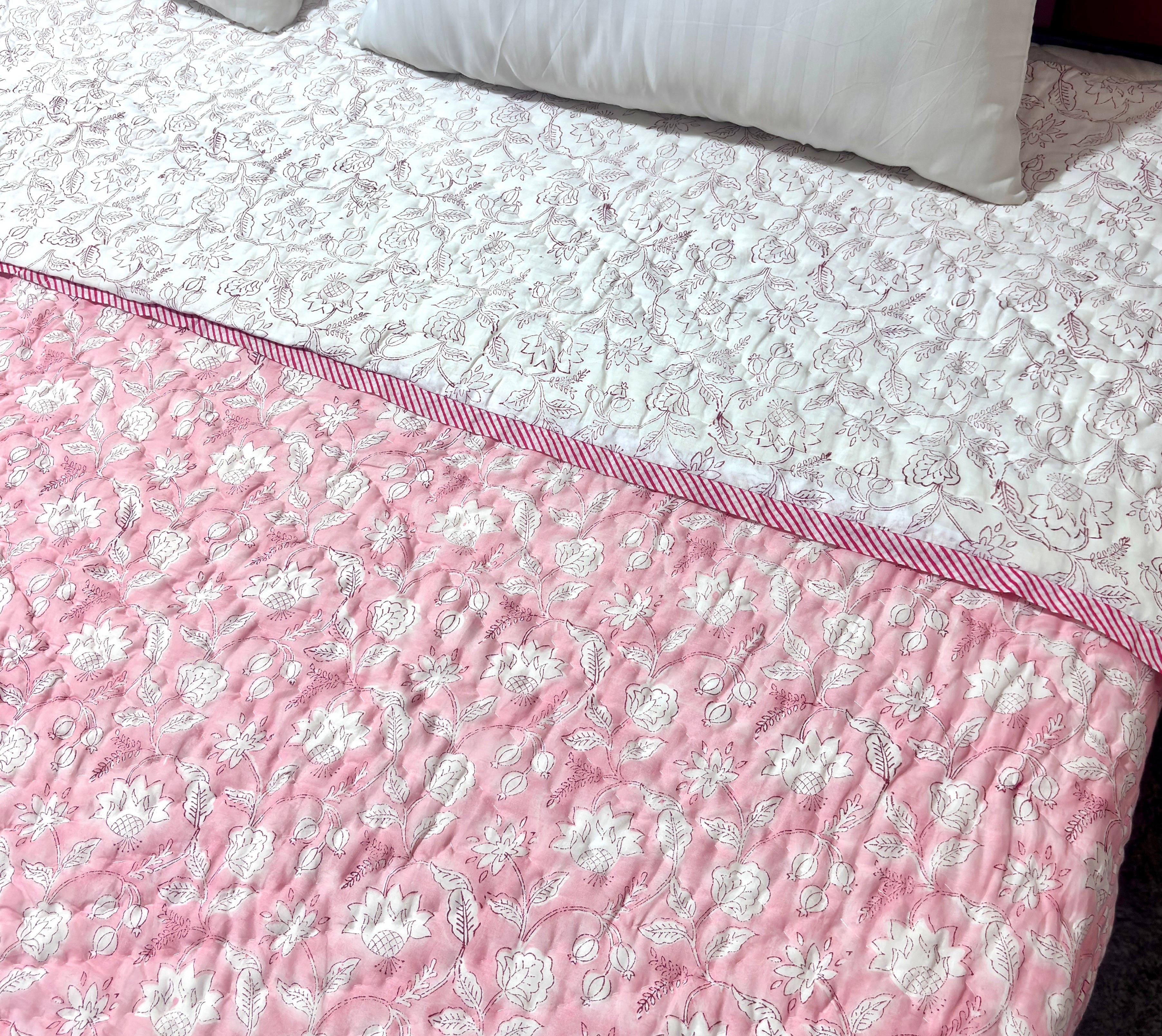 Pink White Floral Cotton Quilt | Quilted Bedspread | Hand Block Printed Handmade Quilt | Soft Lightweight Summer Bedding