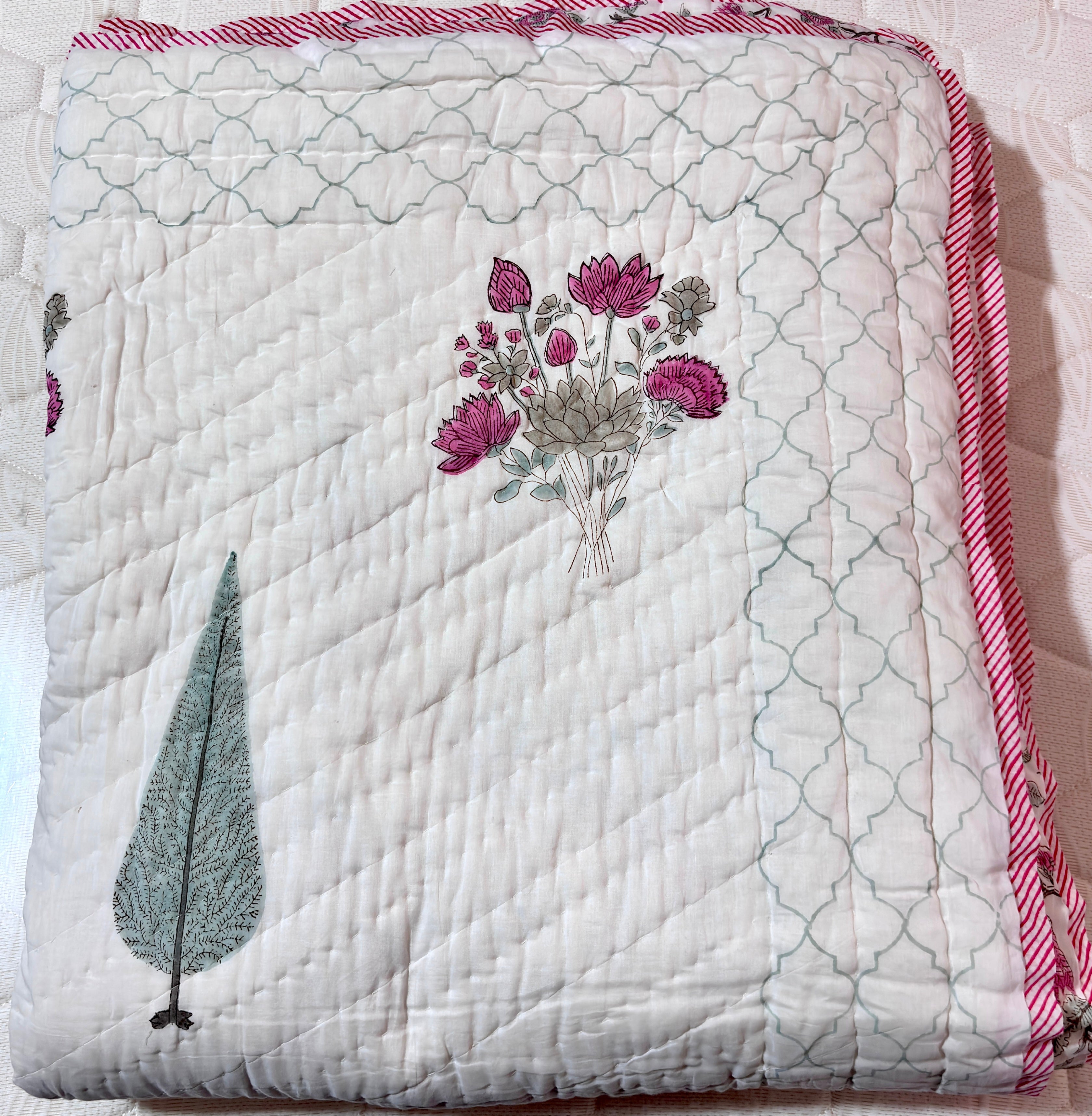 Pink Floral Cotton Quilt | Handmade Indian Block Print Bed Quilt | Soft Quilted Bedspread | Reversible Cotton Bedding