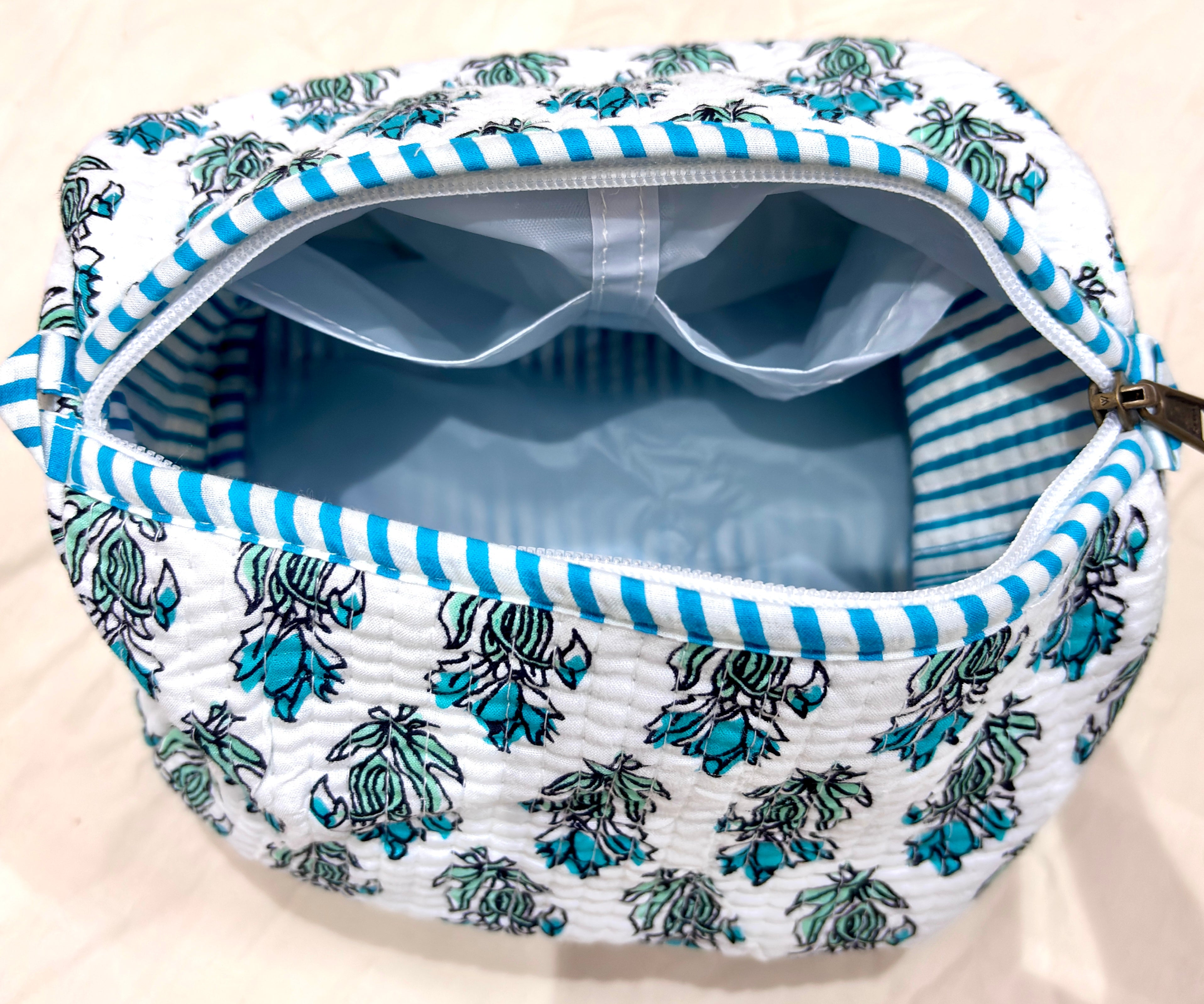 # Light Green Blue Floral Print Tote Bag | Cotton Hand Block Printed Reusable Shopping Bag | Handmade Fabric Tote