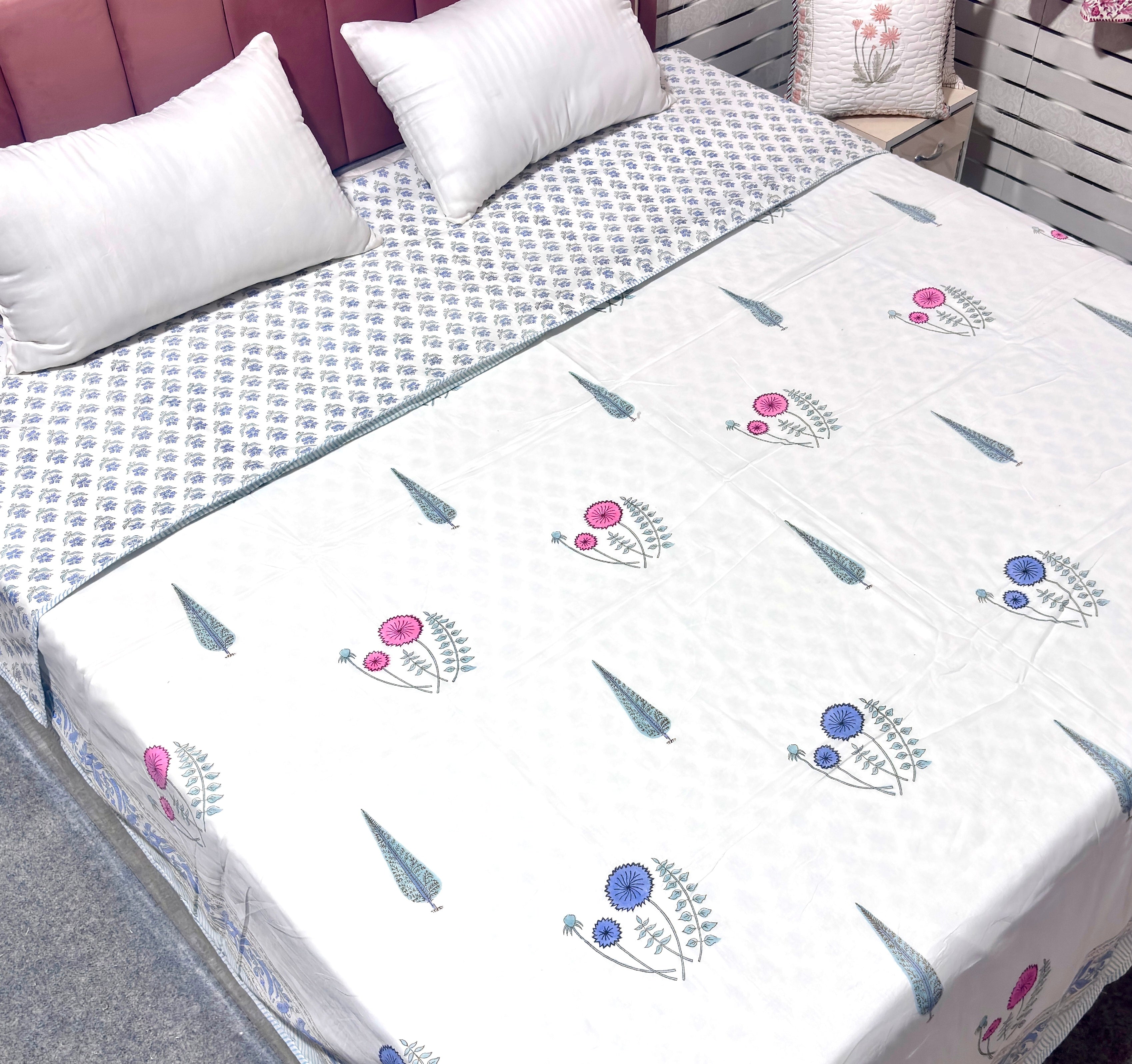 White Blue Floral Cotton Dohar | Soft Summer Dohar | Hand Block Printed Jaipuri Dohar | Lightweight AC Blanket | Handmade Bedding