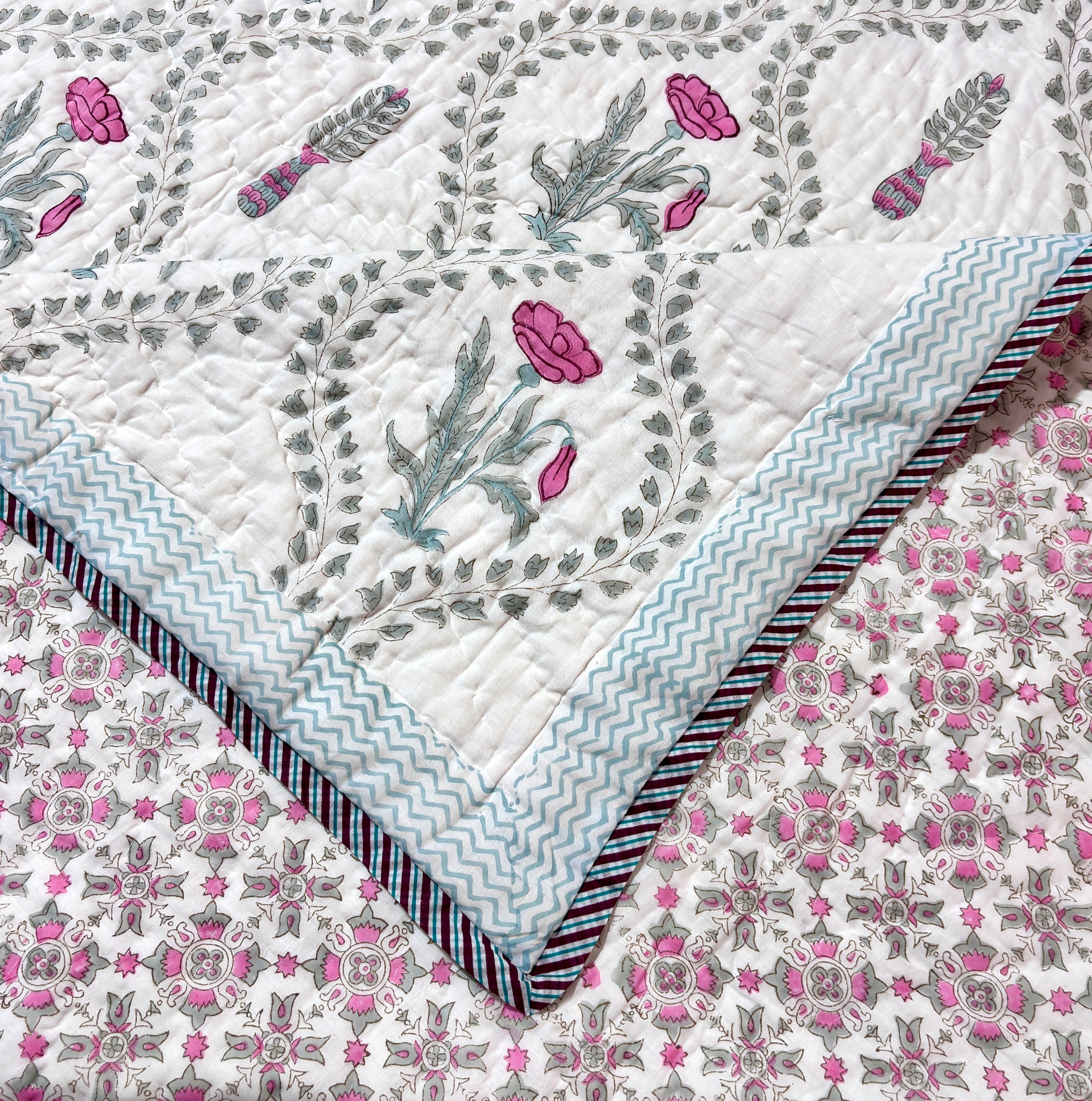 Pink Jal Floral Cotton Quilt | Quilted Bedspread | Hand Block Printed Handmade Quilt | Soft Lightweight Summer Bedding