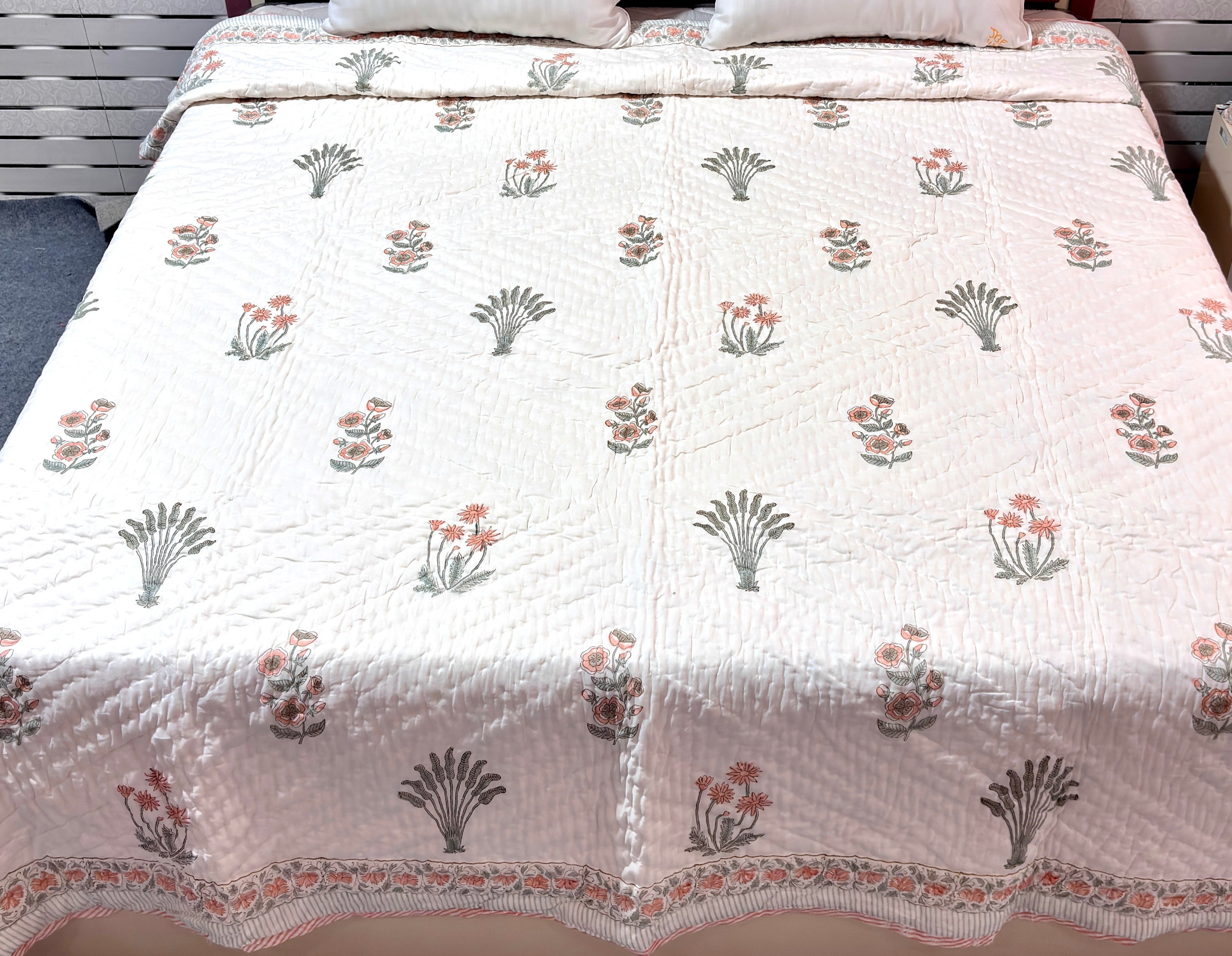 Floral Hand Block Printed Cotton Quilt | White Peach Flower Bed Quilt | Handmade Indian Cotton Bedspread