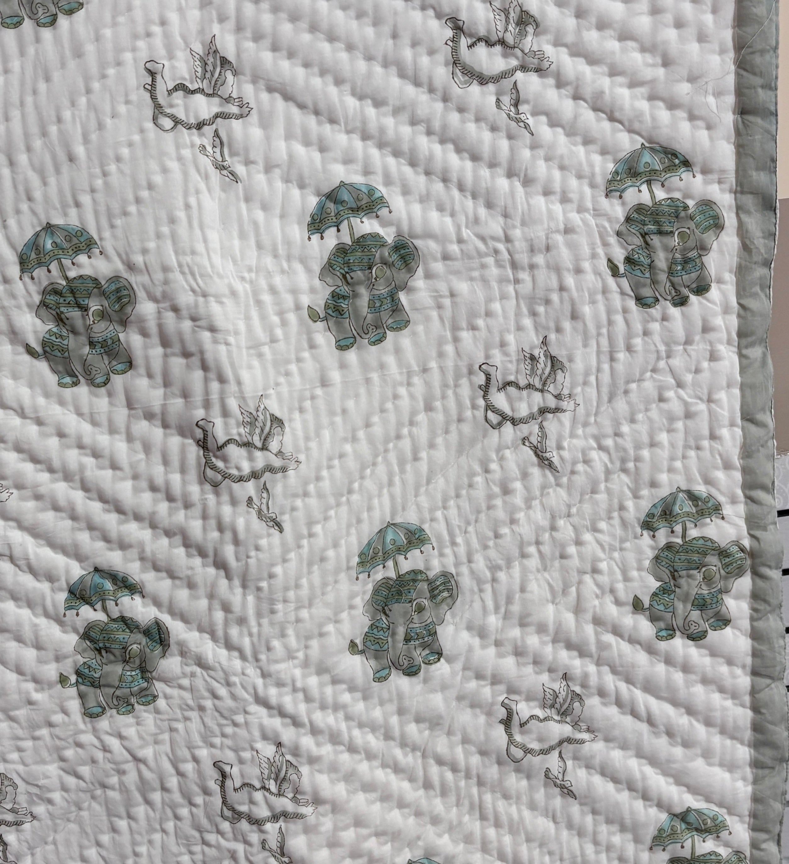 Hand Block Printed Baby Quilt | Elephant & Unicorn Cotton Baby Quilt | Handmade Reversible Baby Blanket | Soft Nursery Bedding | Toddler Quilt