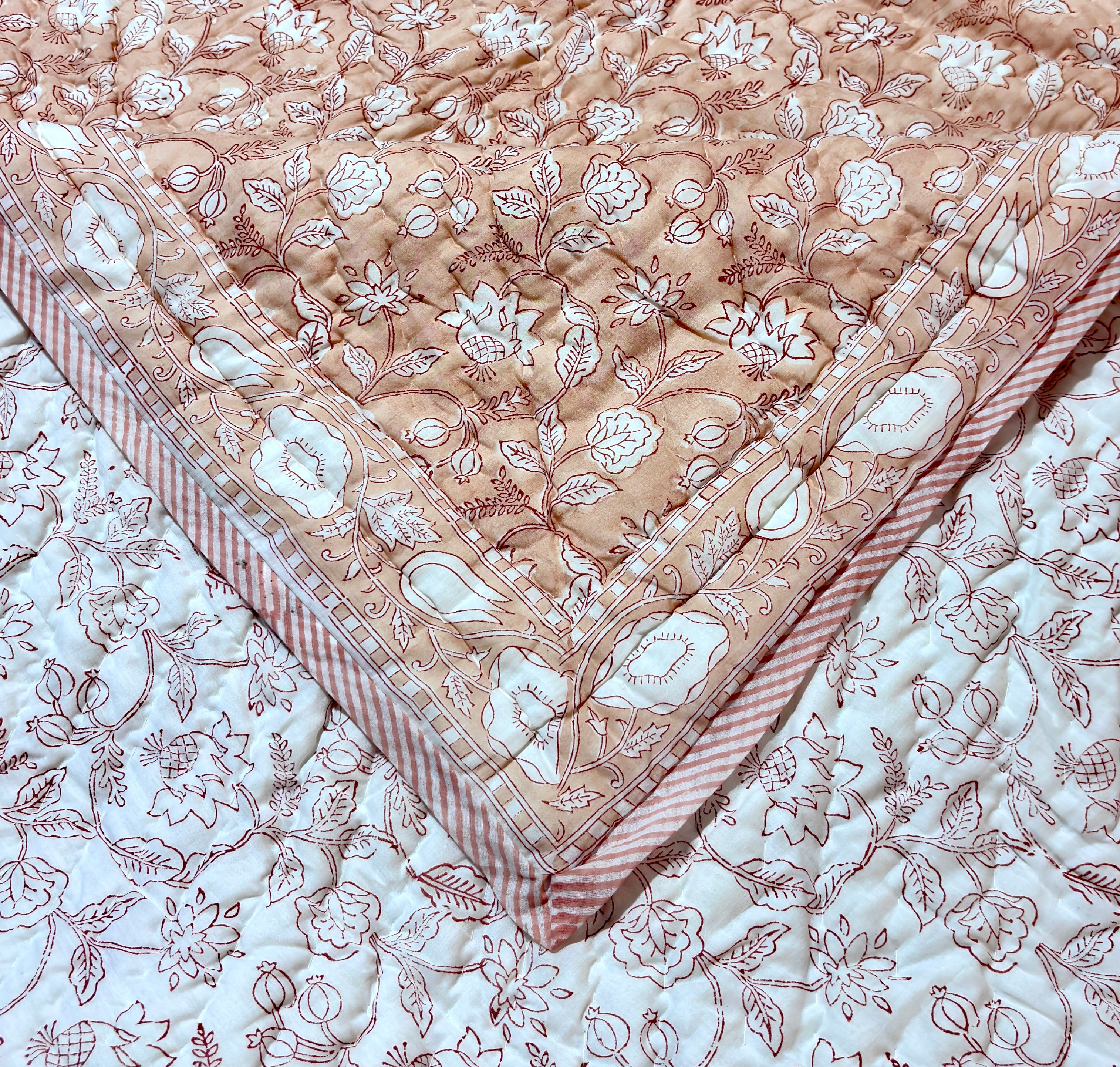 Peach Floral Cotton Quilt | Hand Block Printed Flower Quilt | Soft Indian Cotton Bedspread | Handmade Bedding