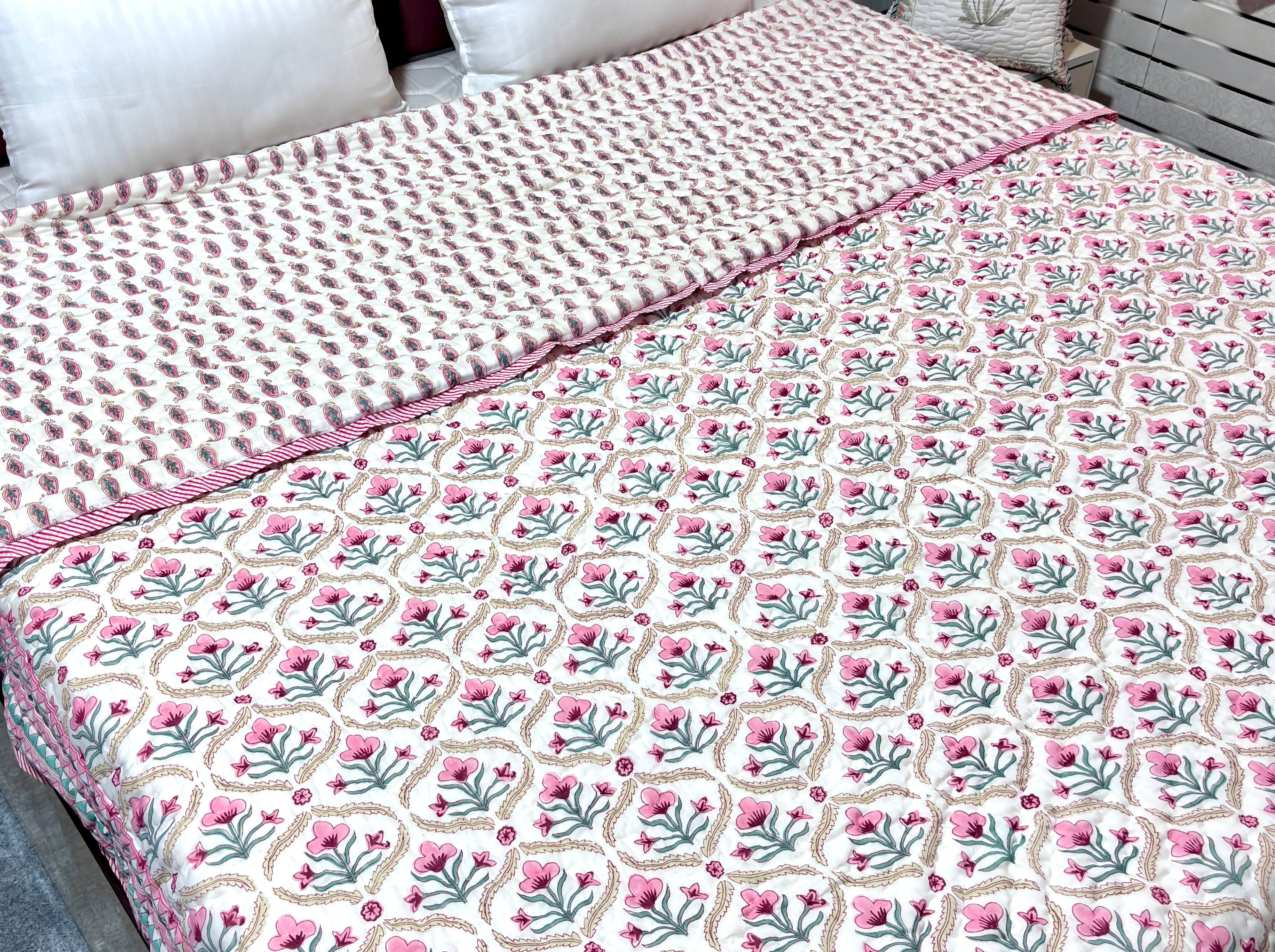White Pink Floral Cotton Quilt | Hand Block Printed Reversible Quilt | Lightweight Summer Quilt | Handmade Cotton Bedding